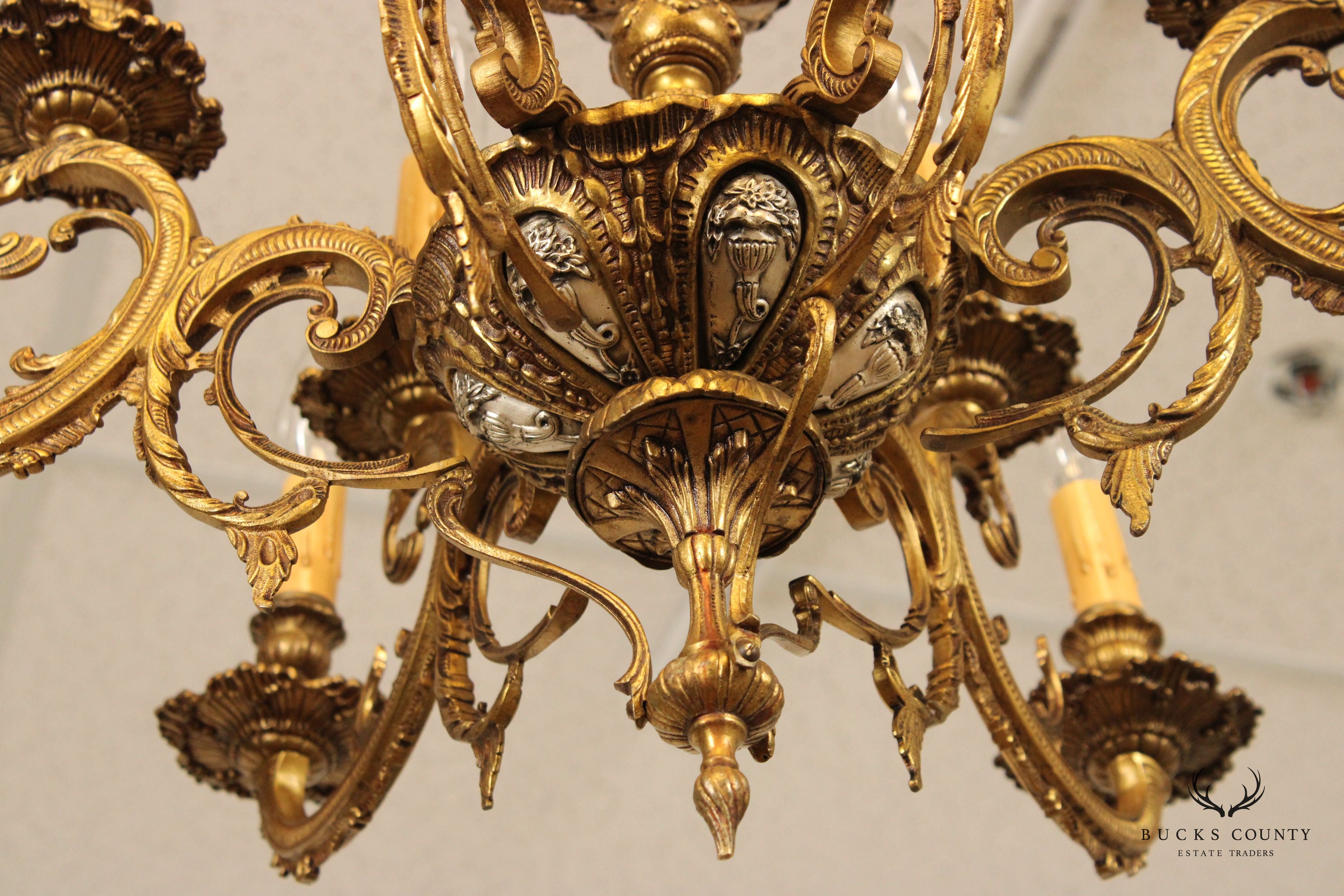 French Louis XIV Style Vintage Gilt Metal Twelve-Light Chandelier