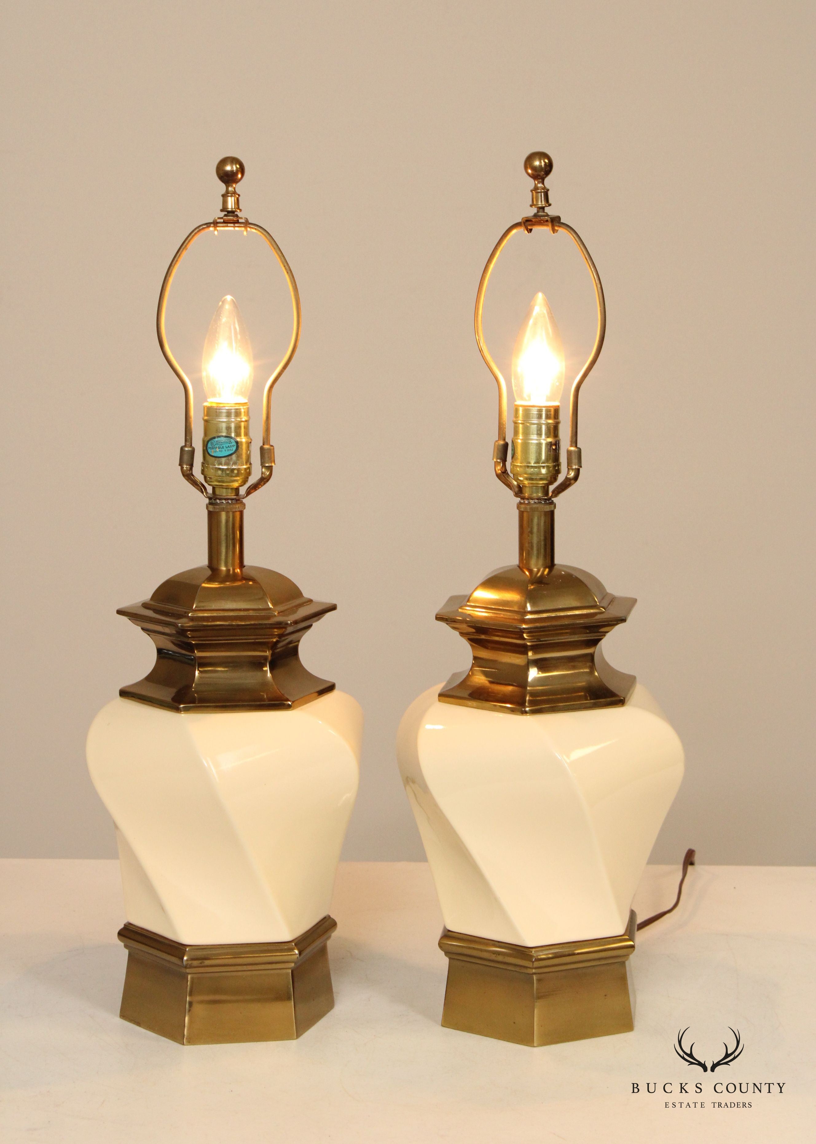 STIFFEL  BRASS AND CERAMIC PAIR OF VINTAGE HEXAGONAL TABLE LAMPS