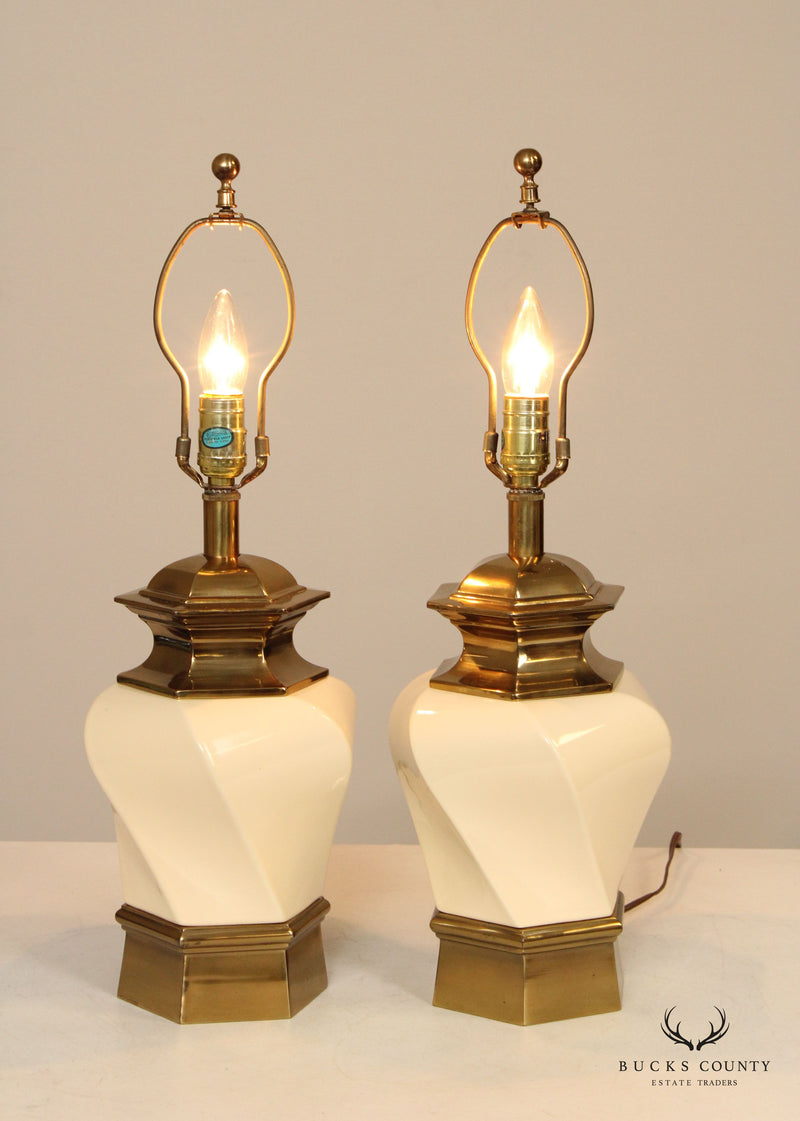 STIFFEL  BRASS AND CERAMIC PAIR OF VINTAGE HEXAGONAL TABLE LAMPS