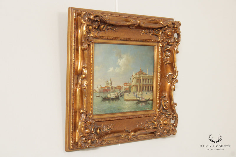 H. Hansen Giltwood Framed Oil on Board of the Molo, Venice