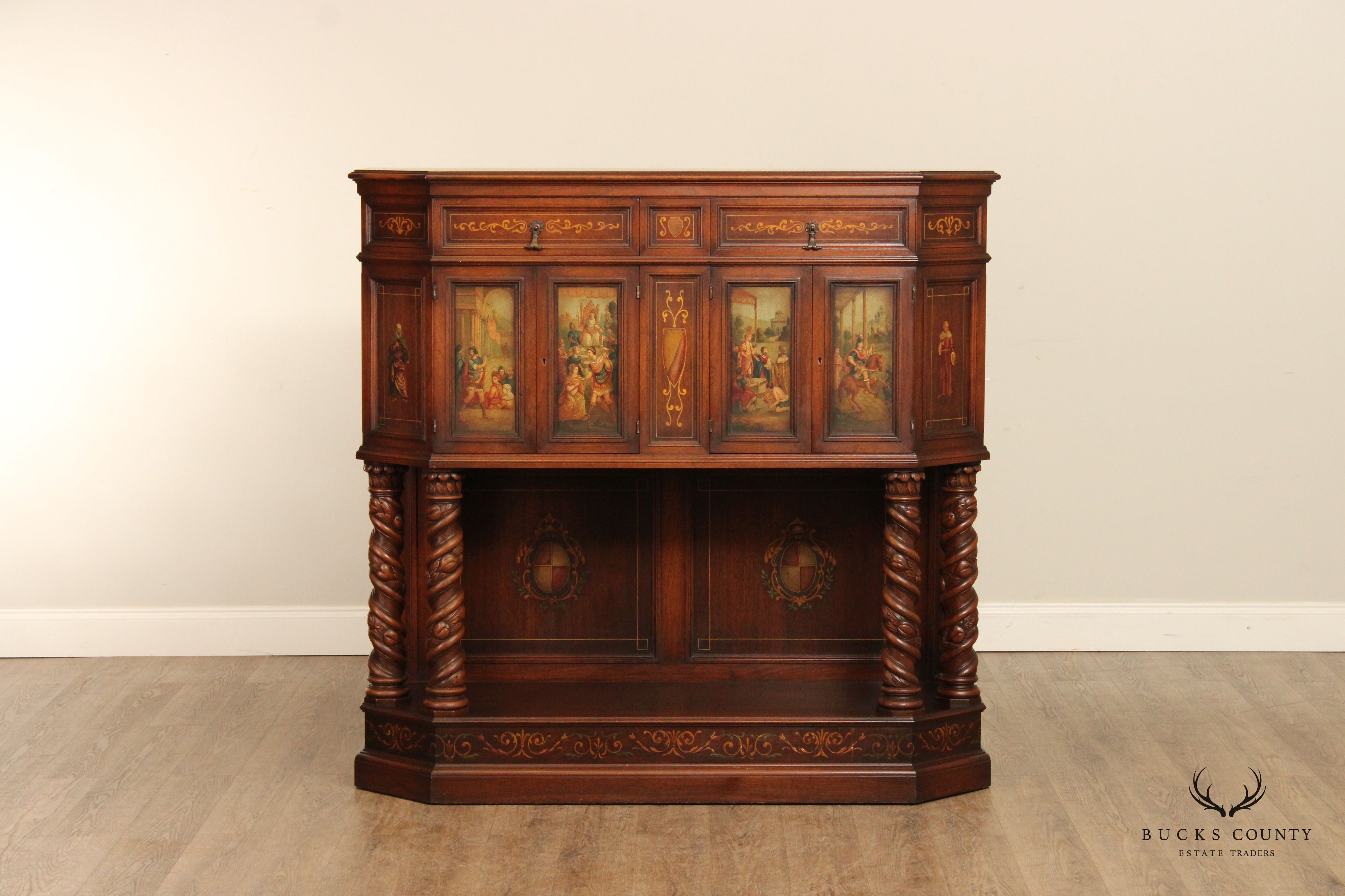 Renaissance Revival Style Polychrome Painted Walnut Court Cabinet