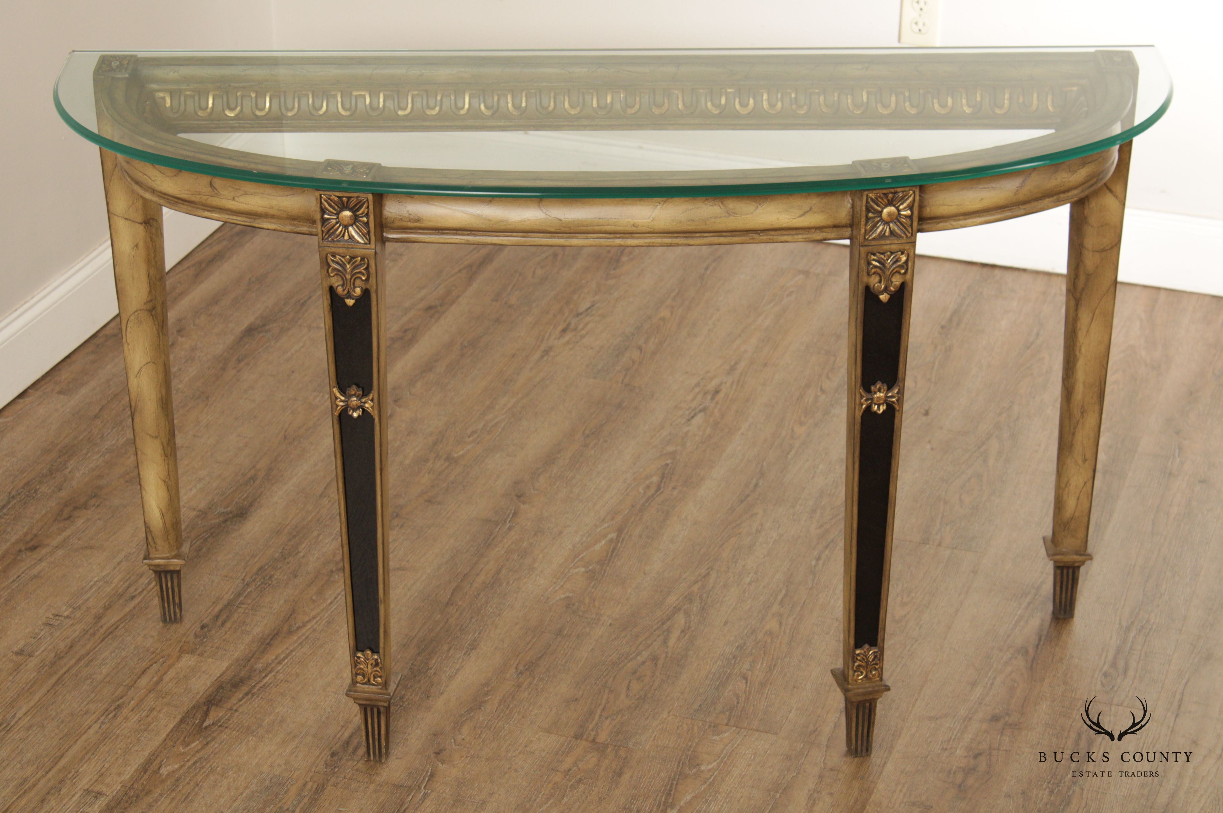 French Louis XVI Style Glass Top Demilune Console Table