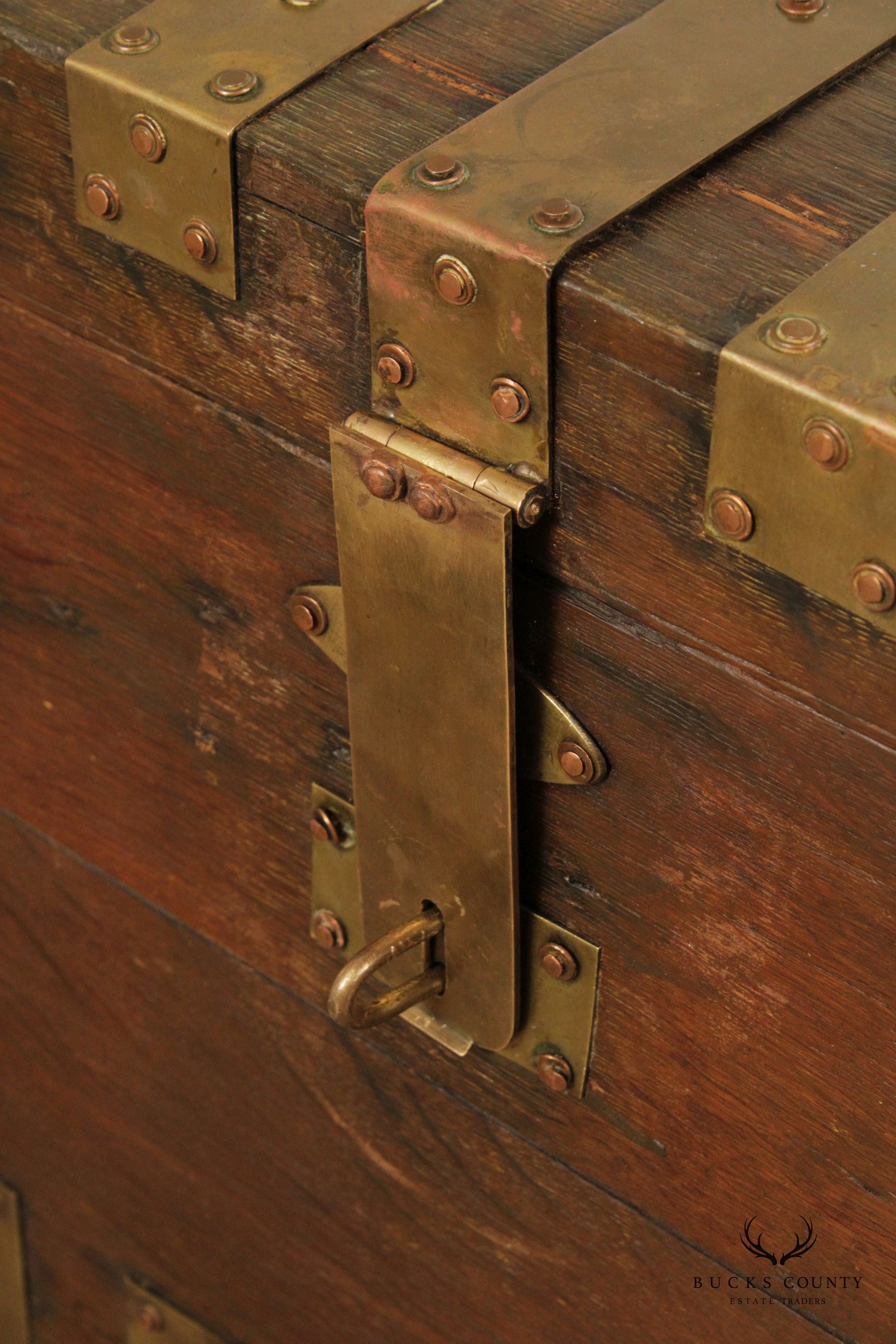 Antique Campaign Style Brass Strapped Trunk Chest