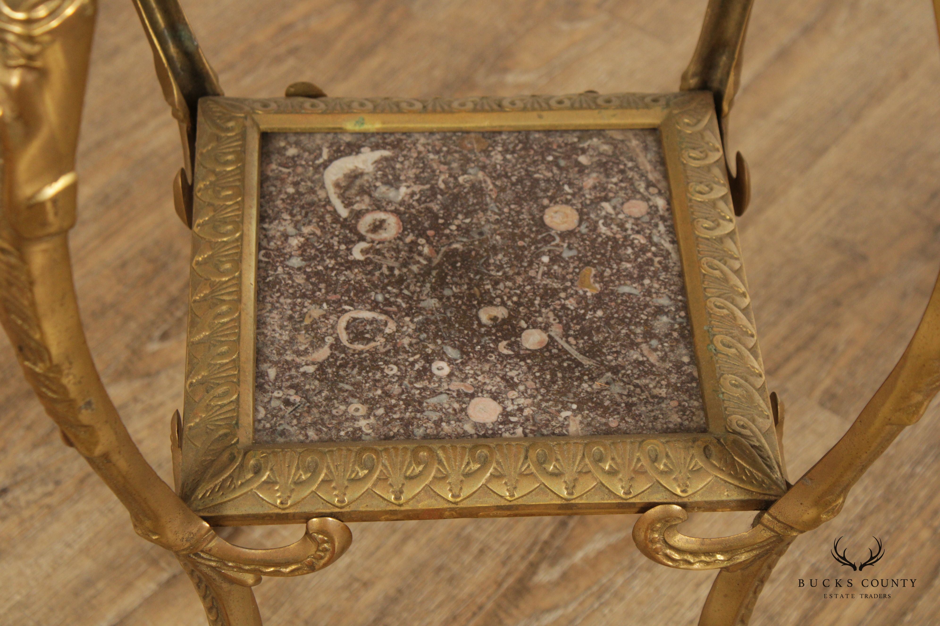 Victorian Art Nouveau Brass Marble Top Plant Stand