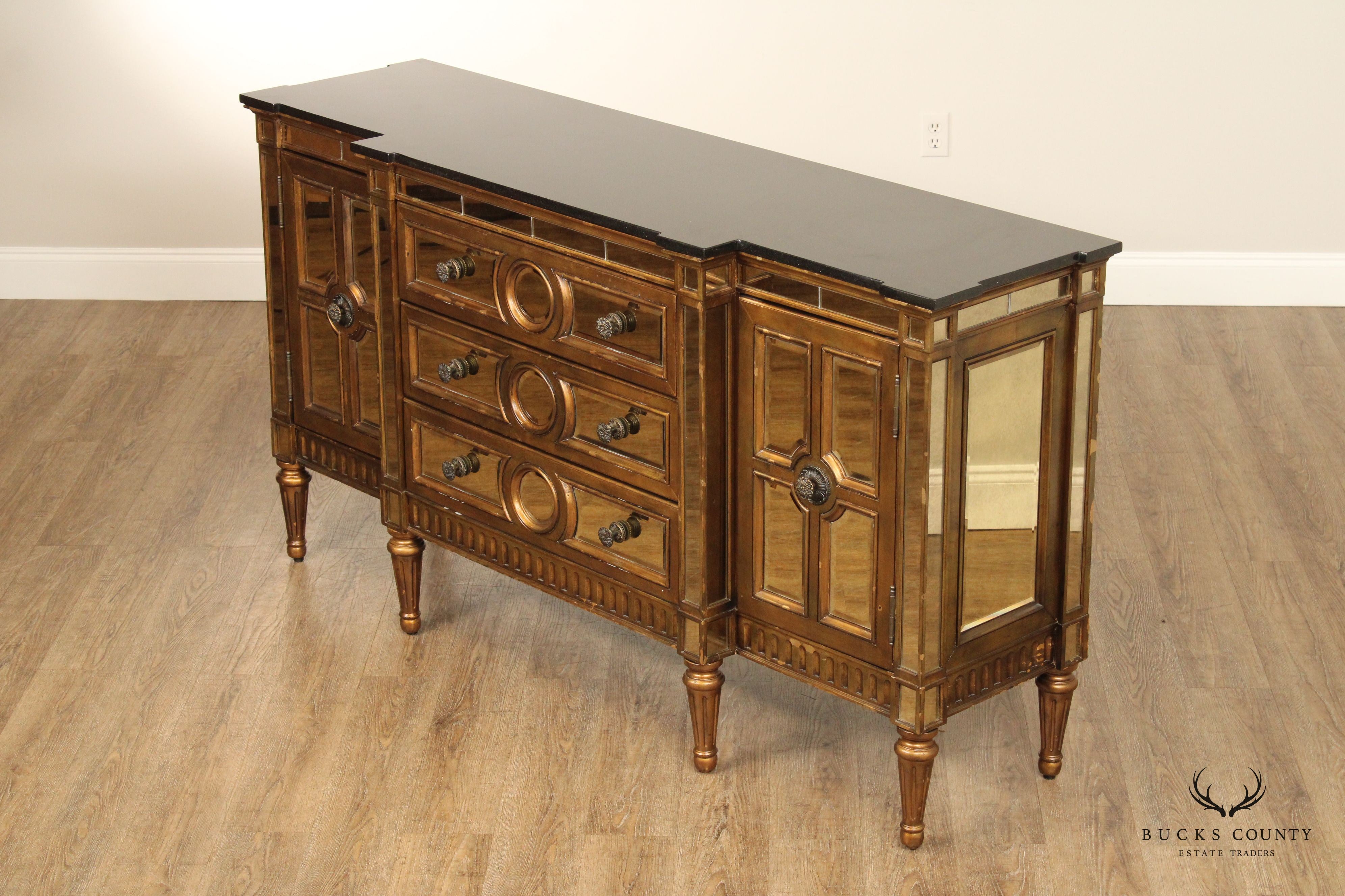 Italian Hollywood Regency Style Marble Top Mirrored Sideboard Buffet