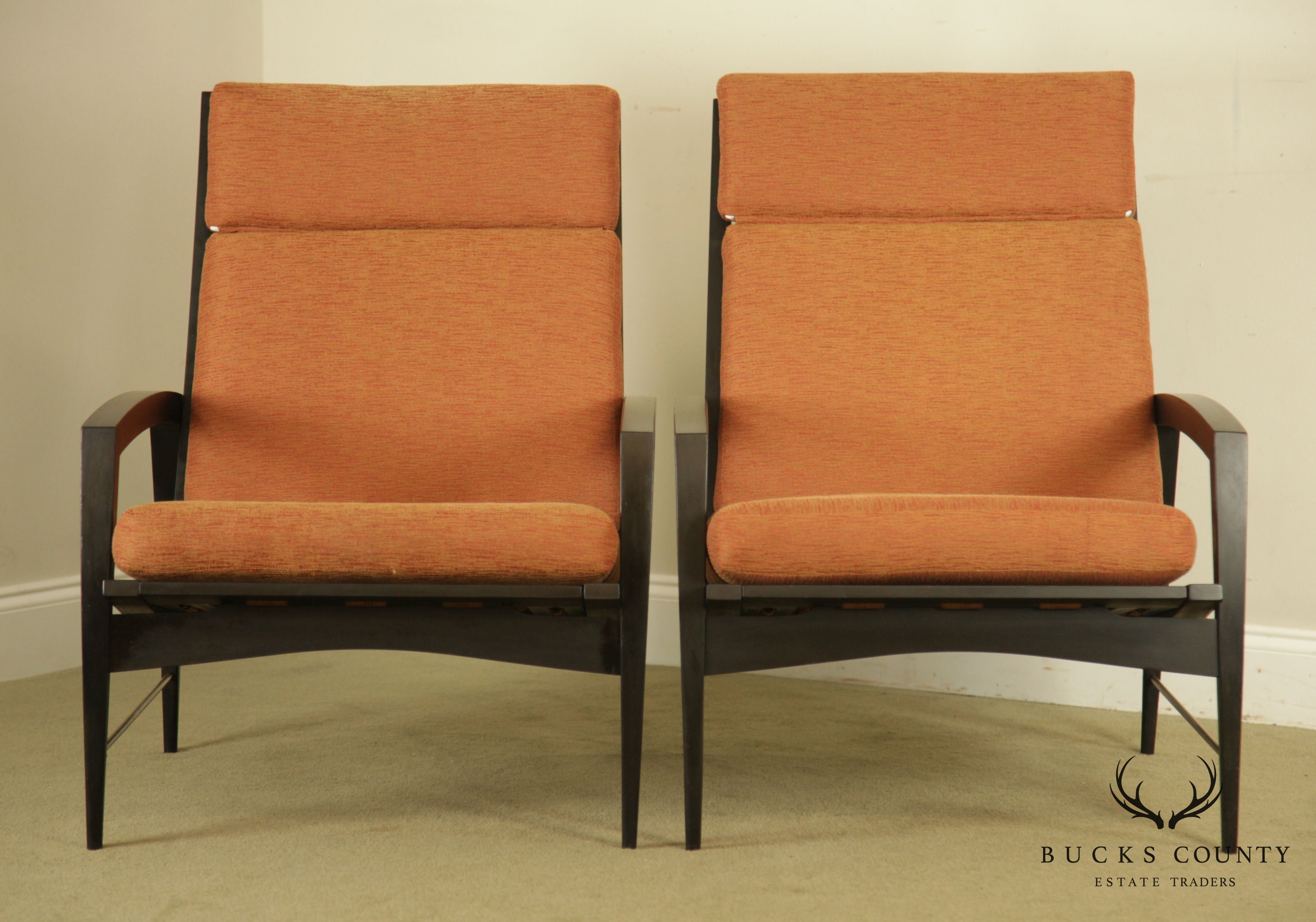 Danish Modern Ebonized Pair Black Lounge Chairs with Brass