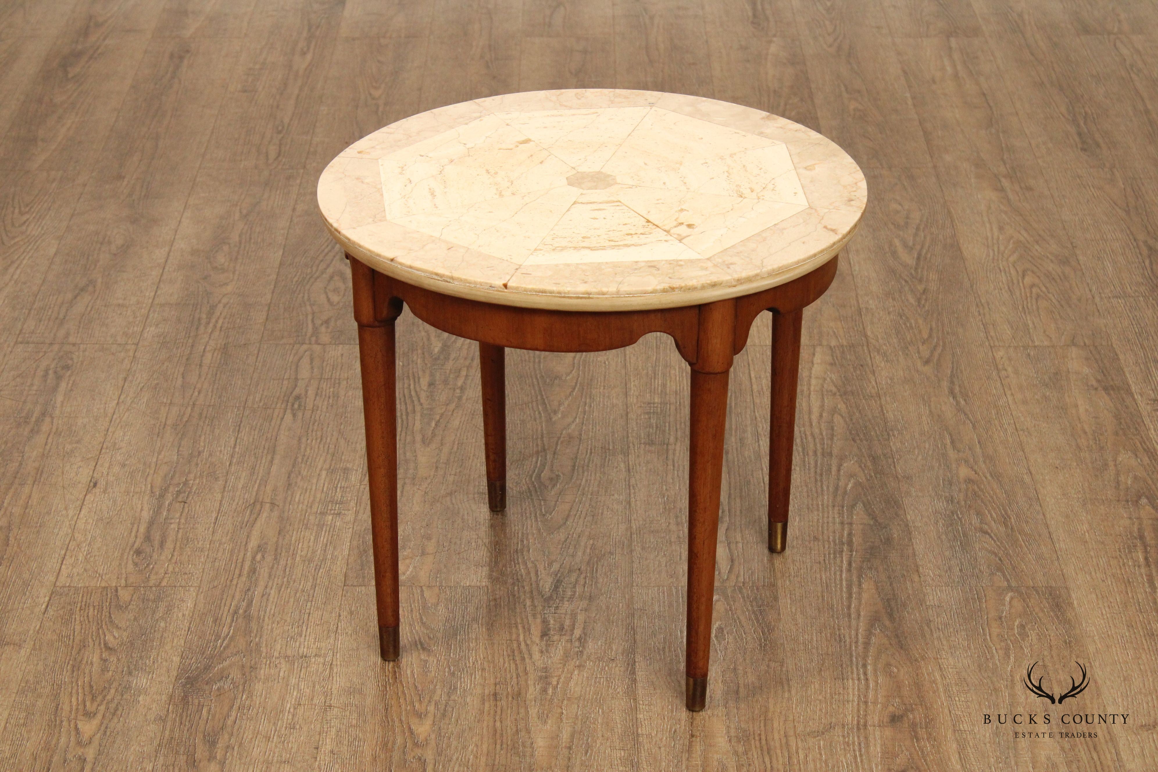 Italian Mid Century Round Travertine Top Walnut Side Table