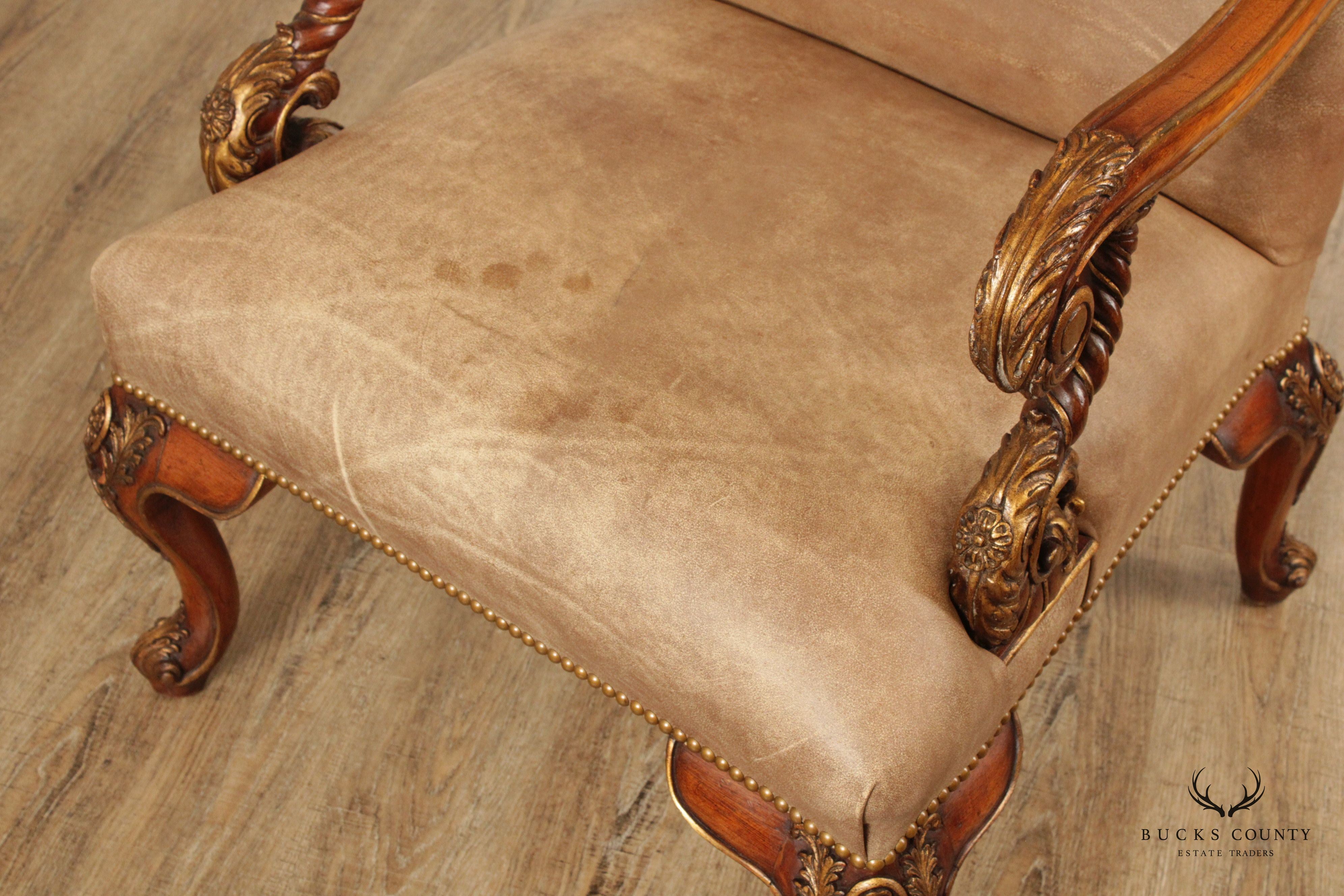 Italian Rococo Style Leather and Partial Gilt Armchair