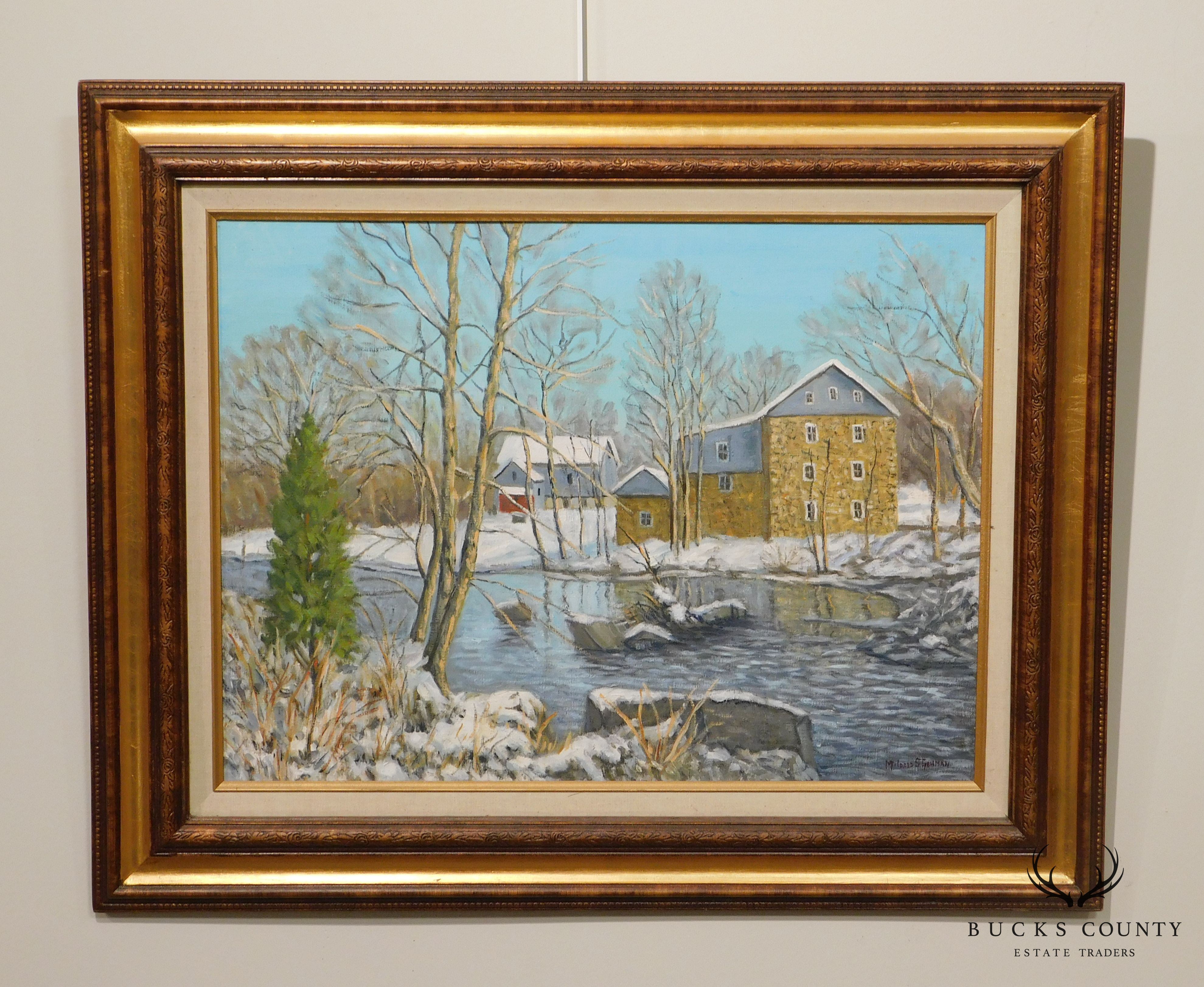 Mildred S. Gehman "Clymer's Mill" Thatcher P.A., Winter Snowy Stream Oil Painting