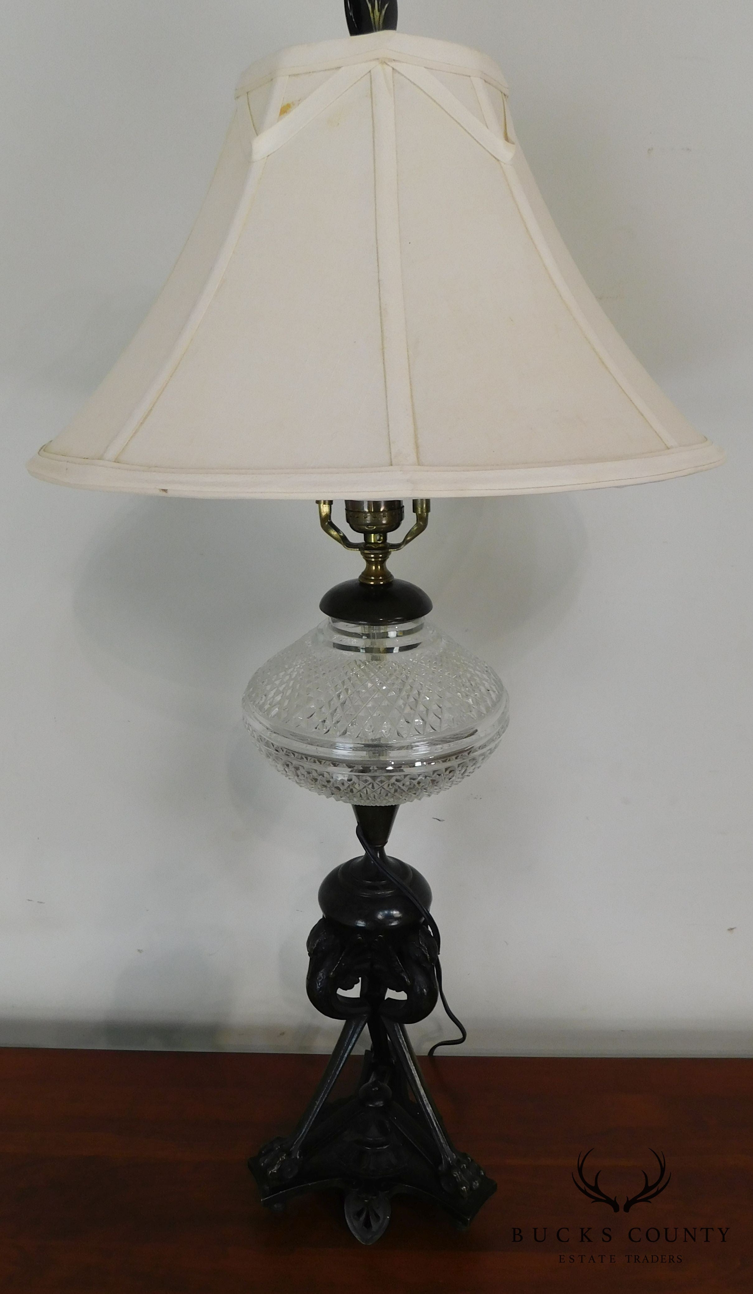 Aesthetic Movement Stork/Crane Figural Black Painted Bronze Table Lamp with Shade