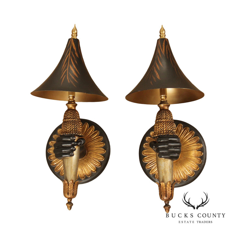 Vintage Pair of Parcel Gilt Figural Wall Sconces