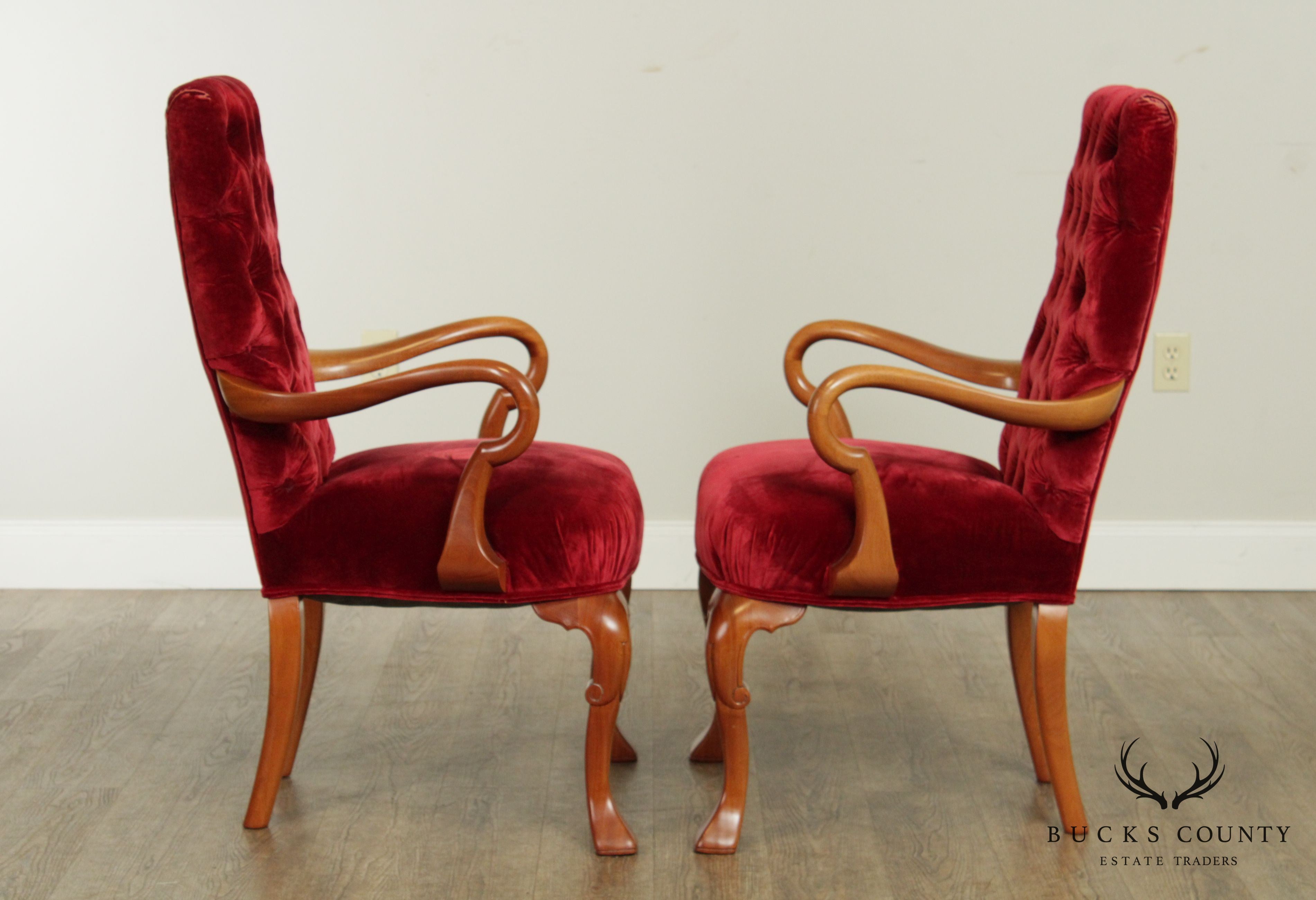 Vintage Pair Custom Quality Walnut Queen Anne Armchairs