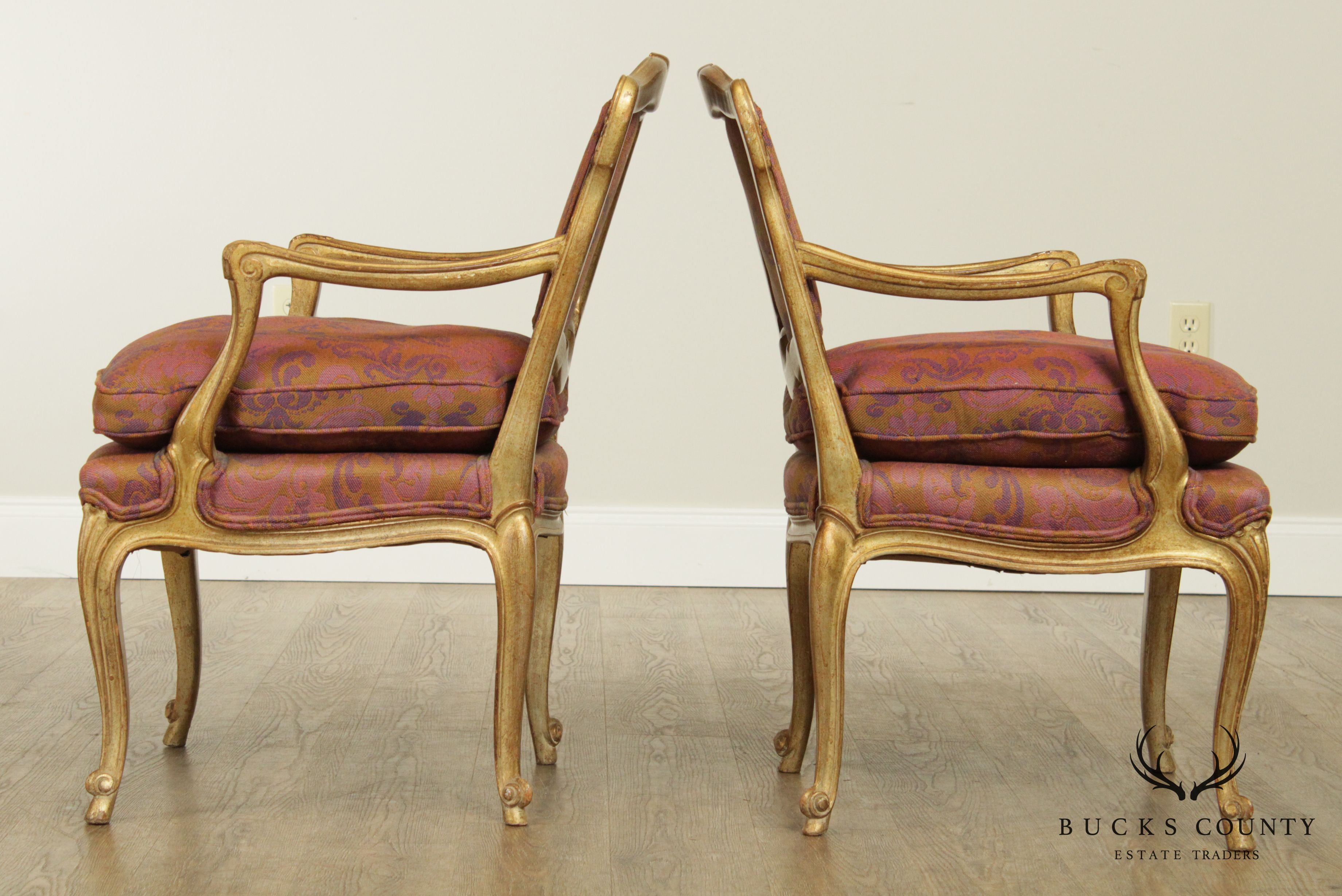 Hollywood Regency French Louis XV Style Vintage Gilt Wood Frame Pair Fauteuil Armchairs