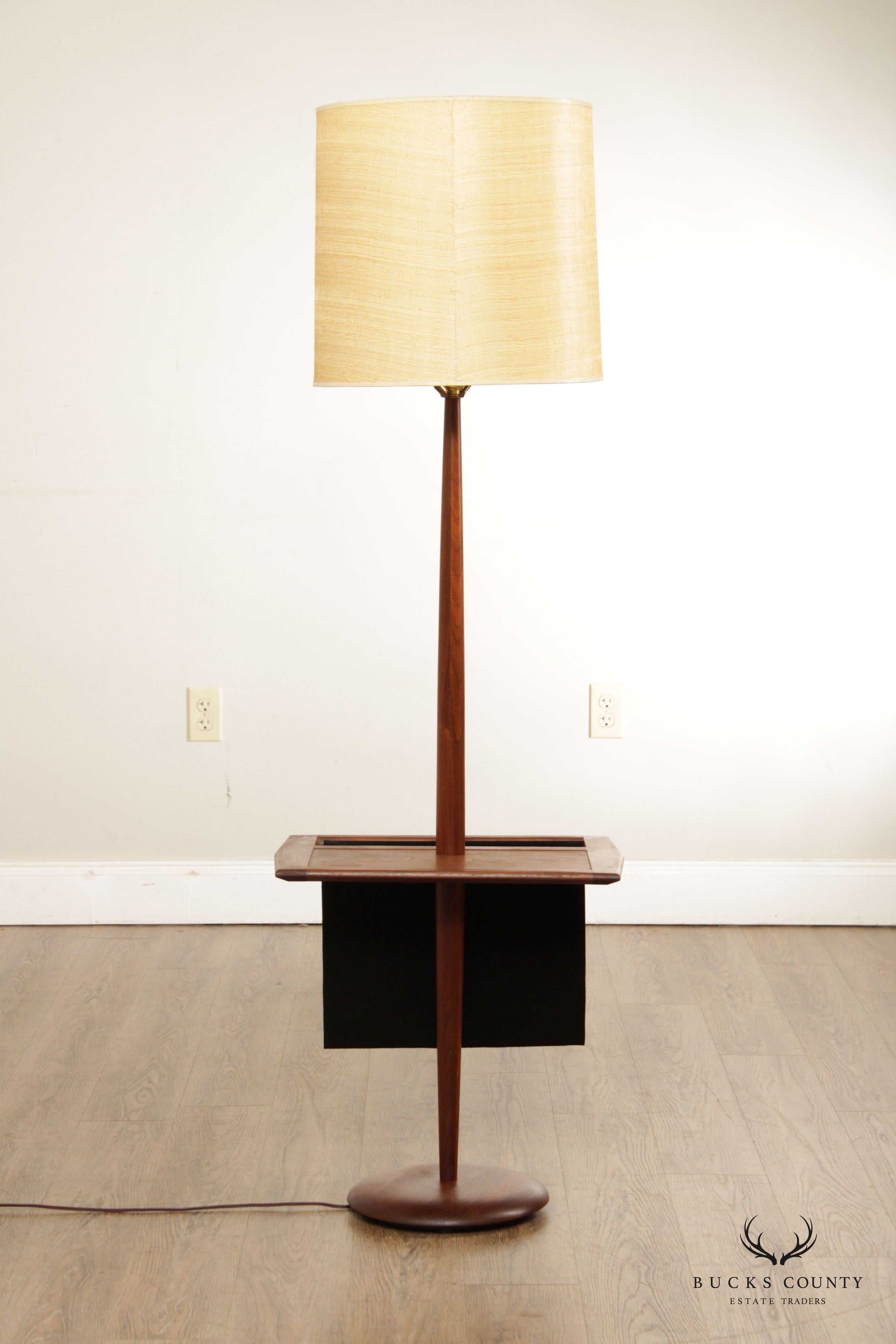 Mid Century Modern Walnut Table Floor Lamp with Magazine Rack