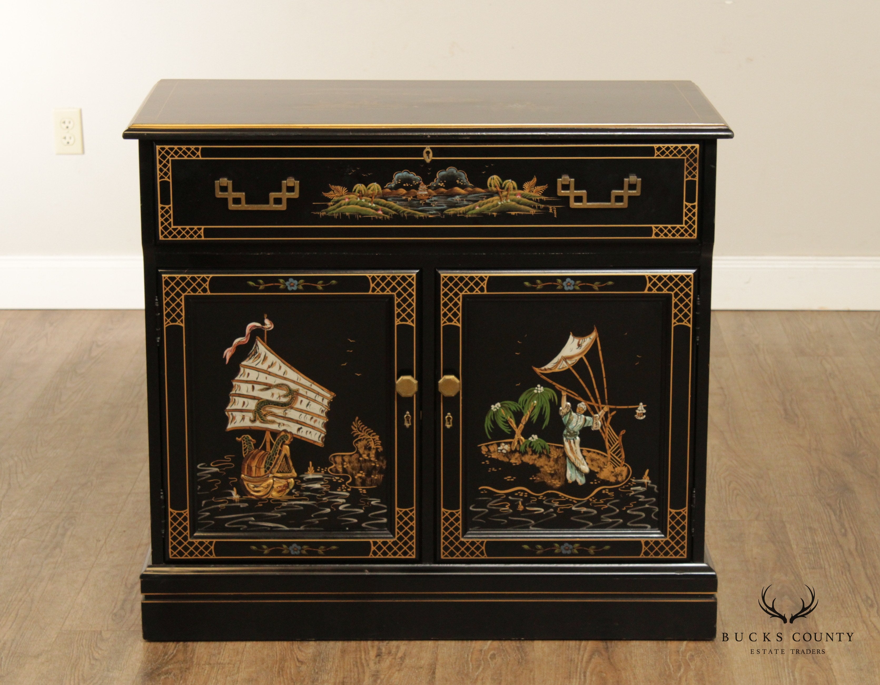 Jasper Chinoiserie Black Lacquer Liquor Bar Serving Cabinet