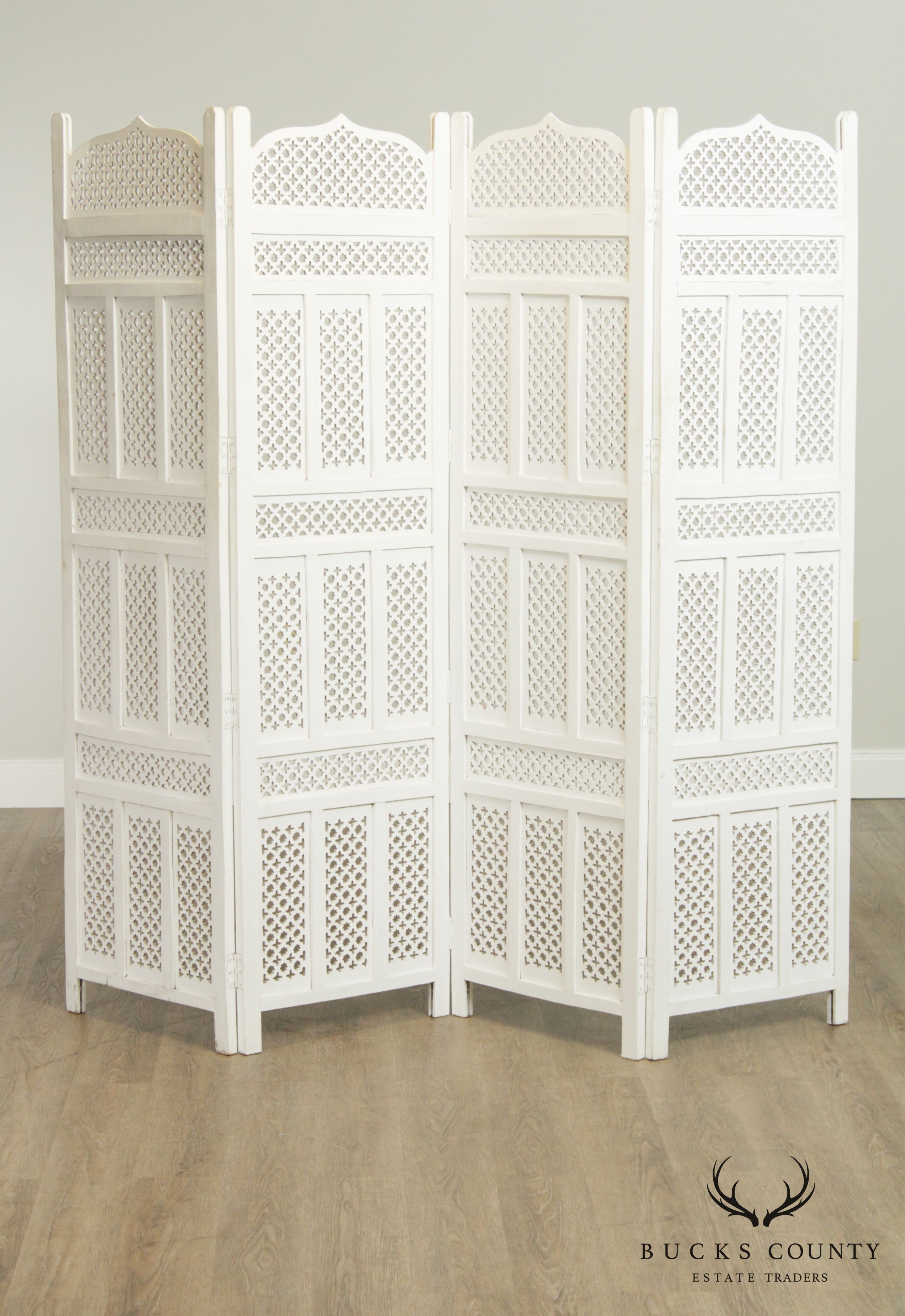 Hollywood Regency Middle Eastern Style White Painted 4 Panel Room Divider