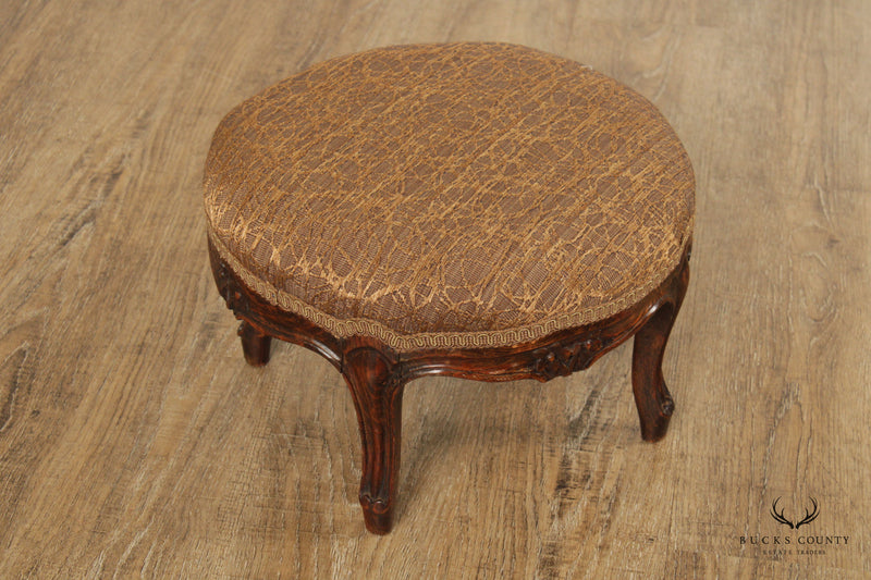 Victorian Style Round Carved And Upholstered Foot Stool