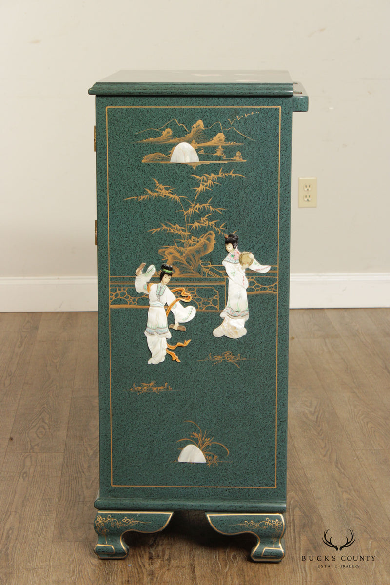 Asian Green Chinoiserie Lacquered Jewelry Cabinet