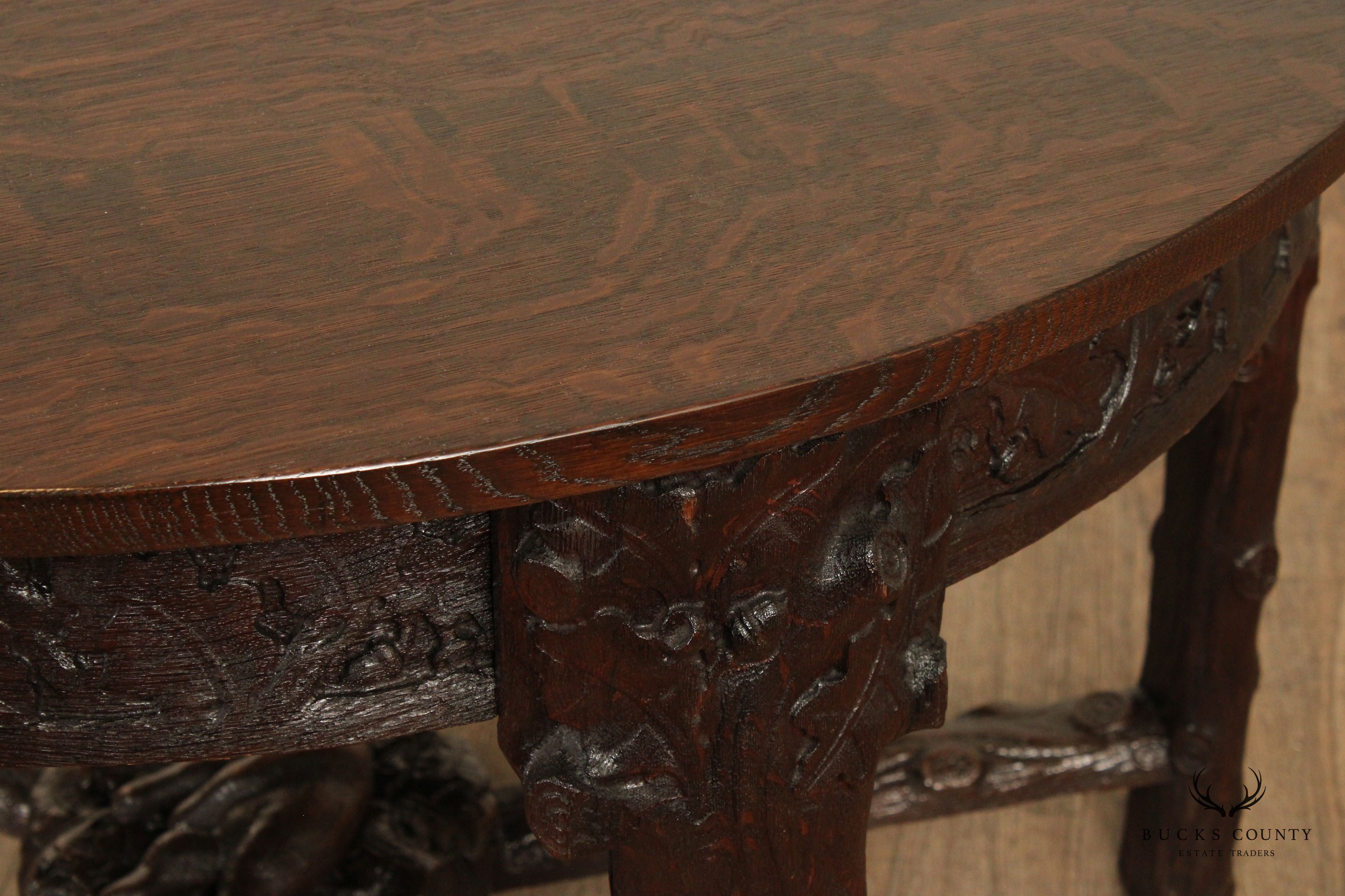 Antique American Black Forest Style Carved Oak Round Dining Table