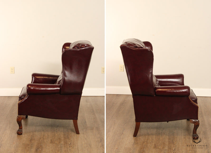 Lane Action Chippendale Style Oxblood Leather Reclining Wing Armchair
