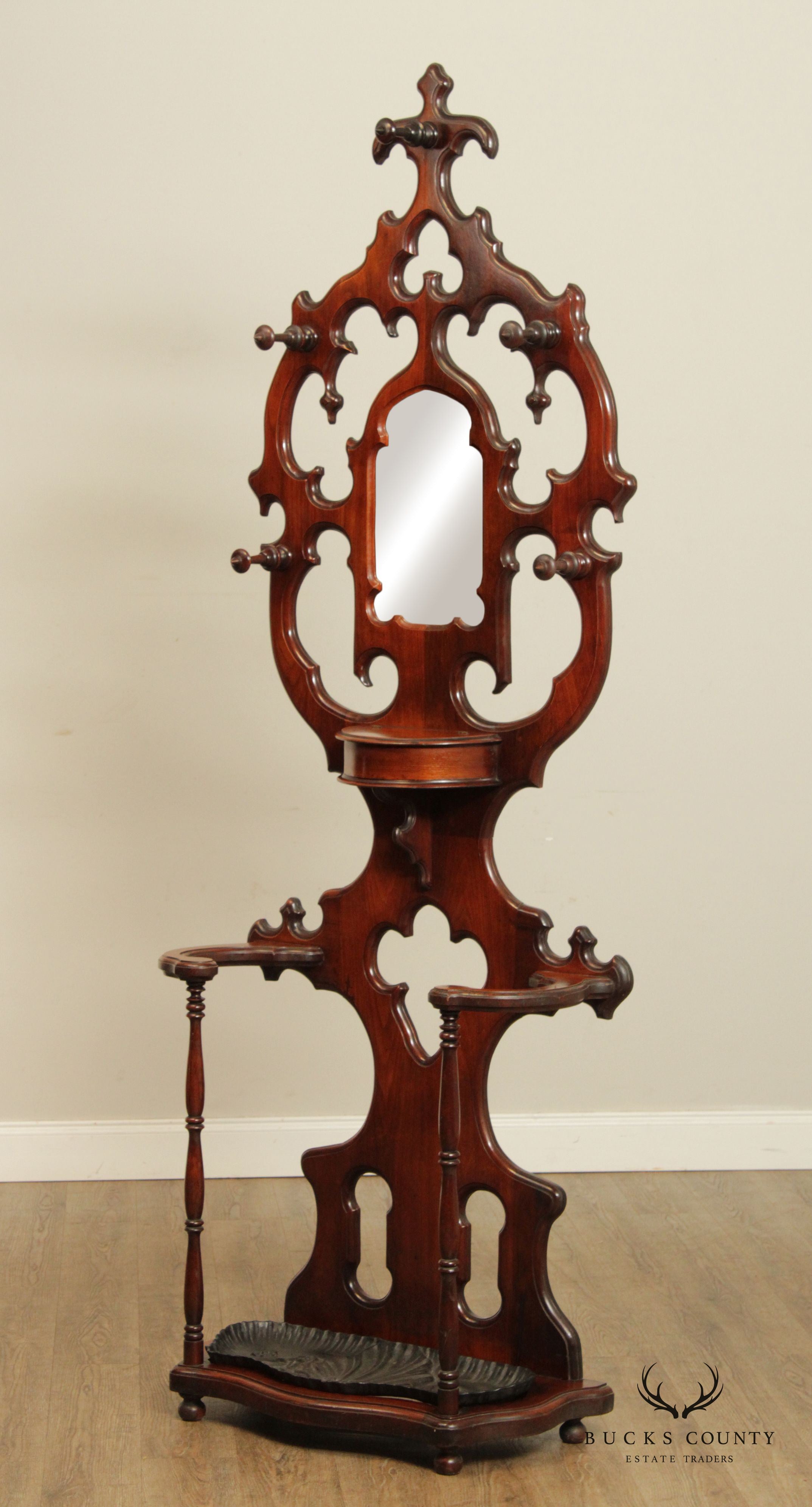 Antique 19th C. Victorian Walnut Hall Tree with Mirror