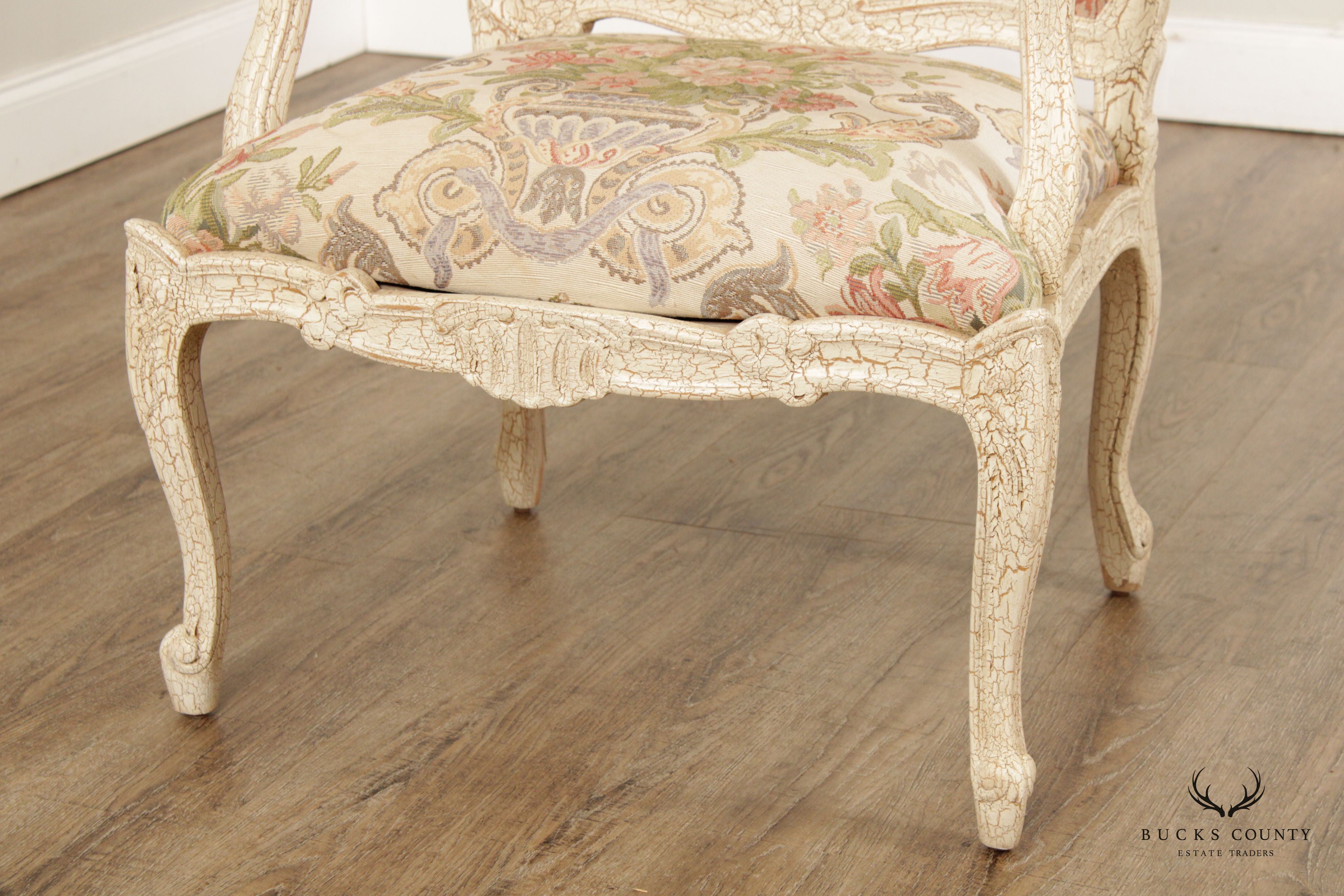 French Louis XV Style Crackle Painted Fauteuil Armchair