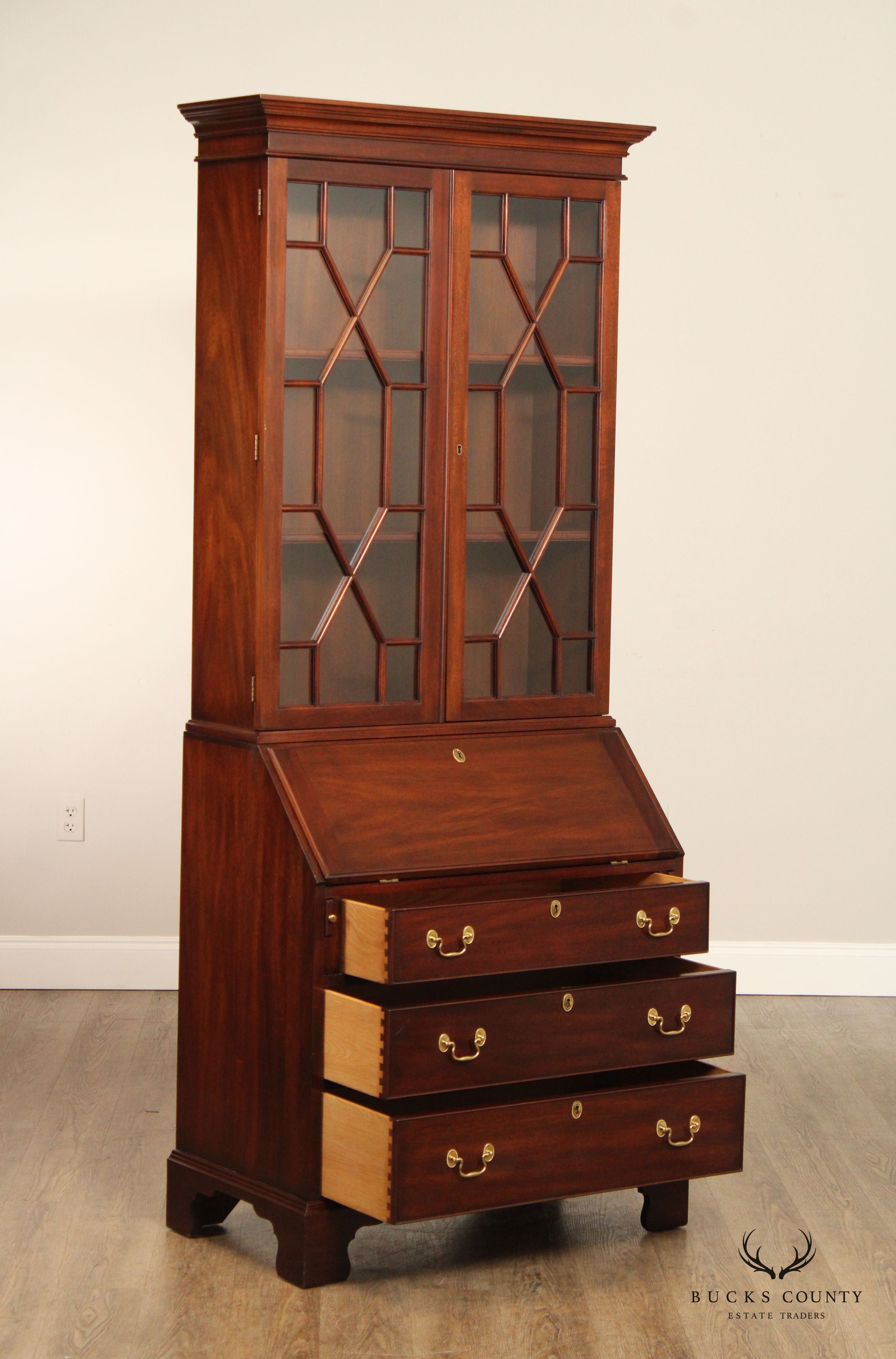 Henkel Harris Mahogany Chippendale Style Secretary Desk Bookcase