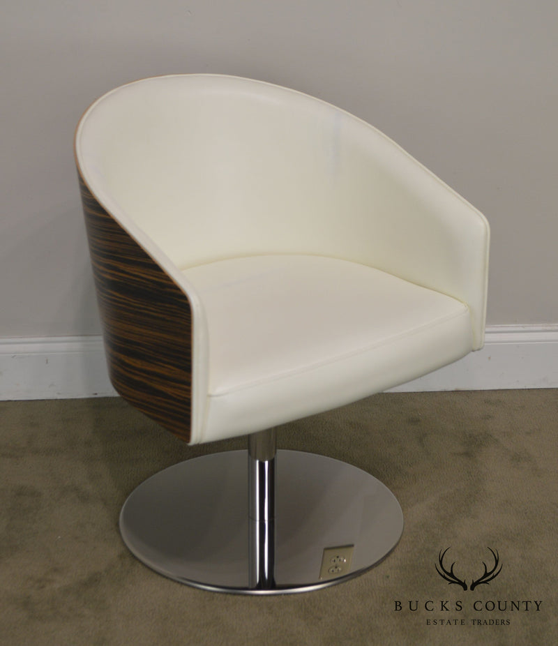 White Leather & Zebra Wood Barrel Back Chrome Pedestal Swivel Lounge Chair
