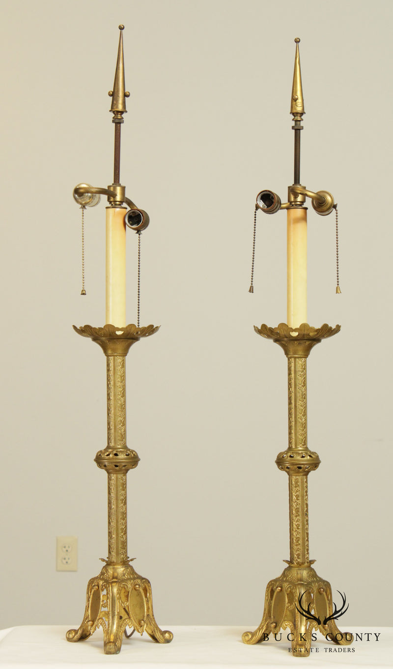 Gothic Revival Antique Aesthetic Brass Pair Converted Candlesticks Lamps