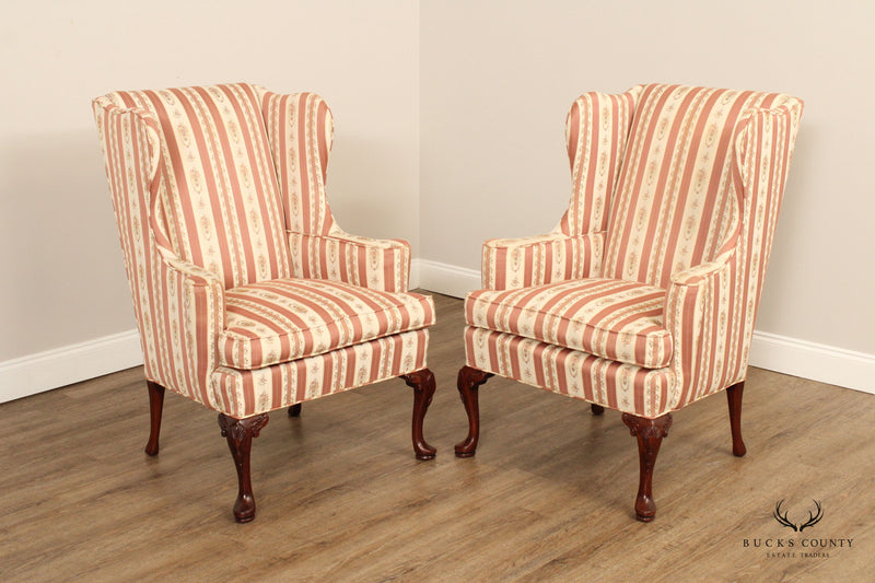 Hickory Chair Queen Anne Style Pair of Mahogany Wing Chairs