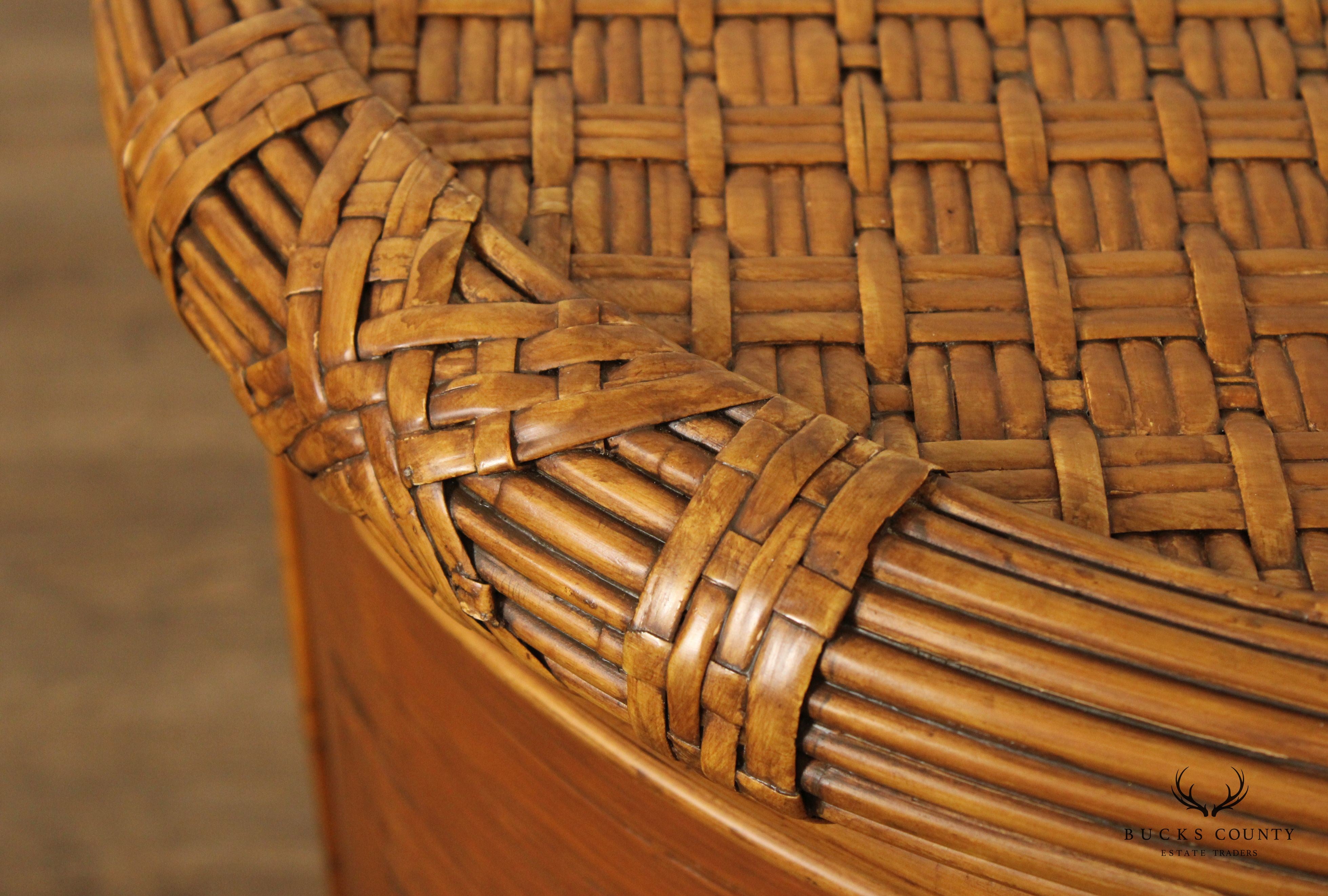 Bamboo and Rattan Circular Glass Top Drum Style Side Table