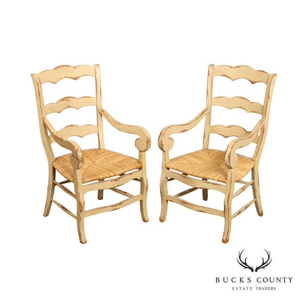 French Country Style Pair of Painted Ladderback Armchairs with Rush Seats