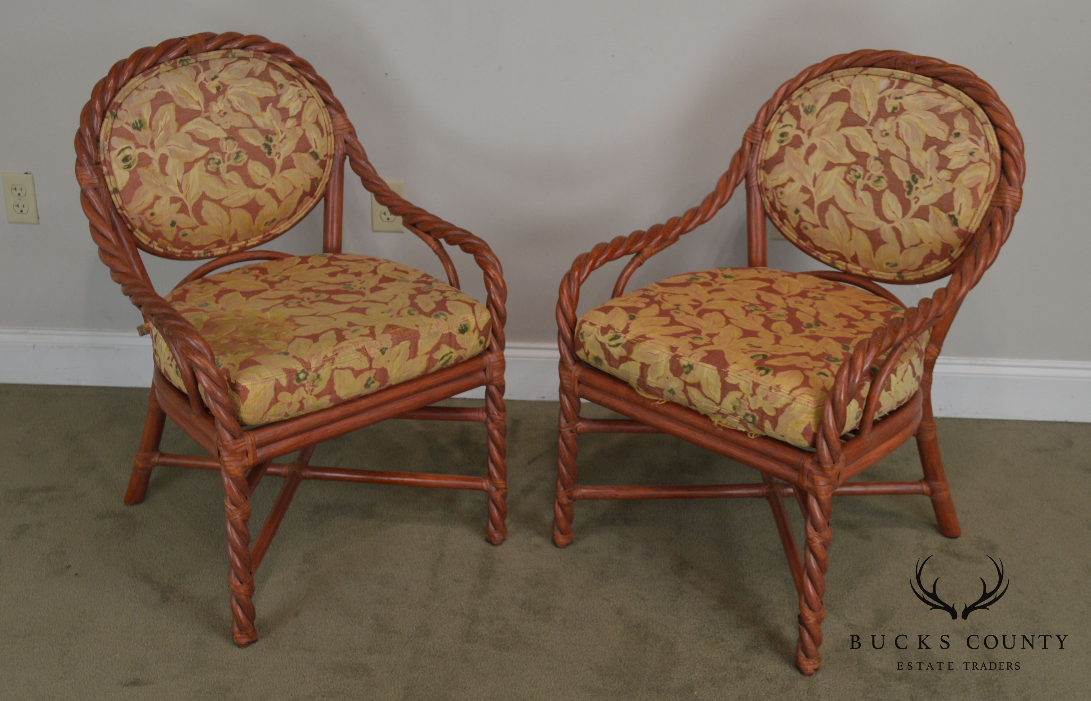 Mcguire of San Francisco Pair Painted Twist Rattan Armchairs