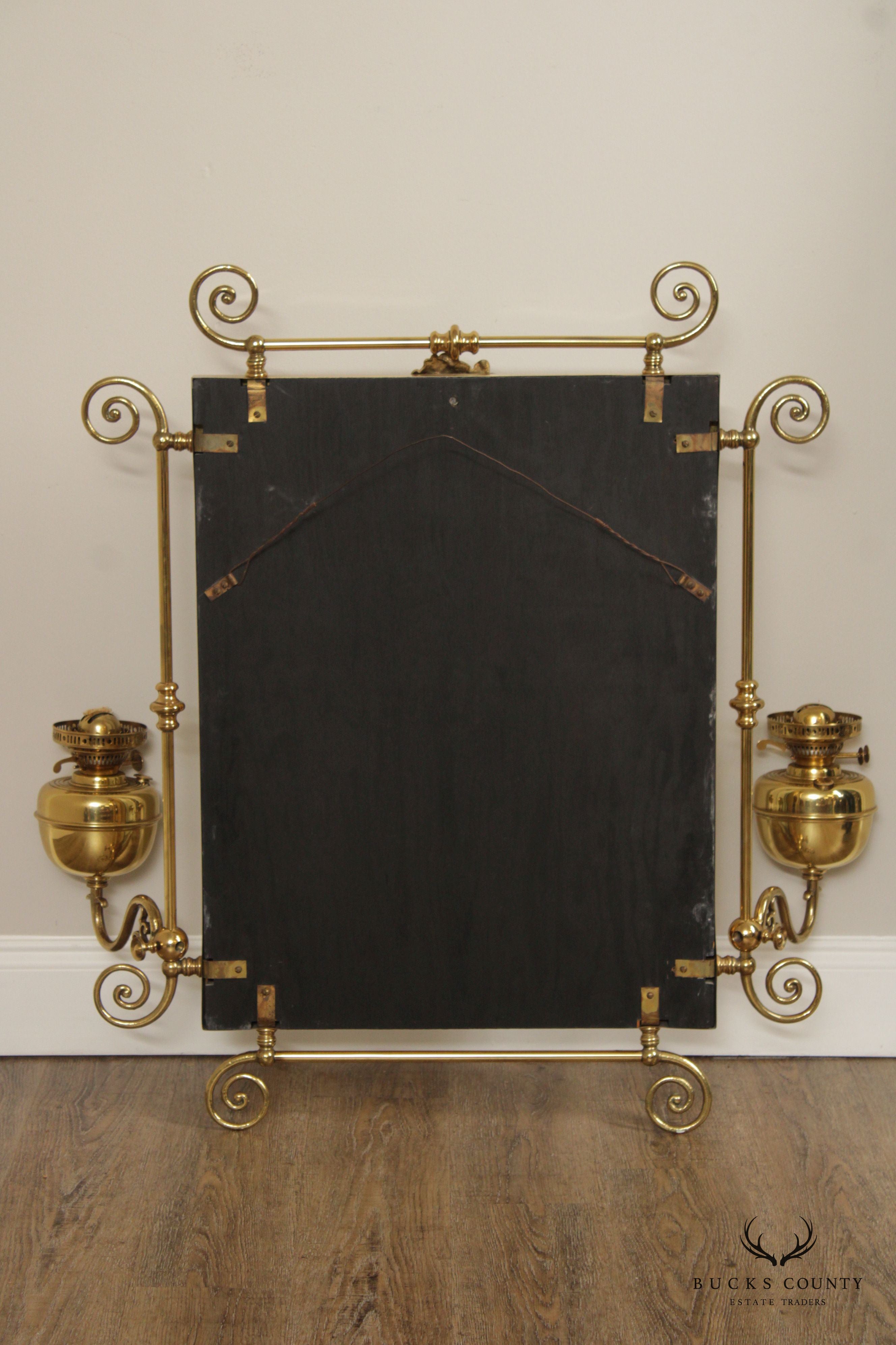 Victorian Brass Oil Lamp Candelabra Wall Mirror