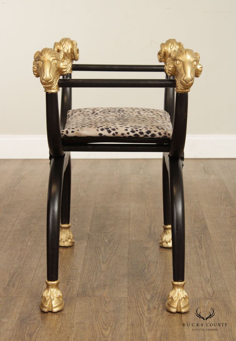 Regency Style Pair of Black and Gold Rams Head X-Base Benches