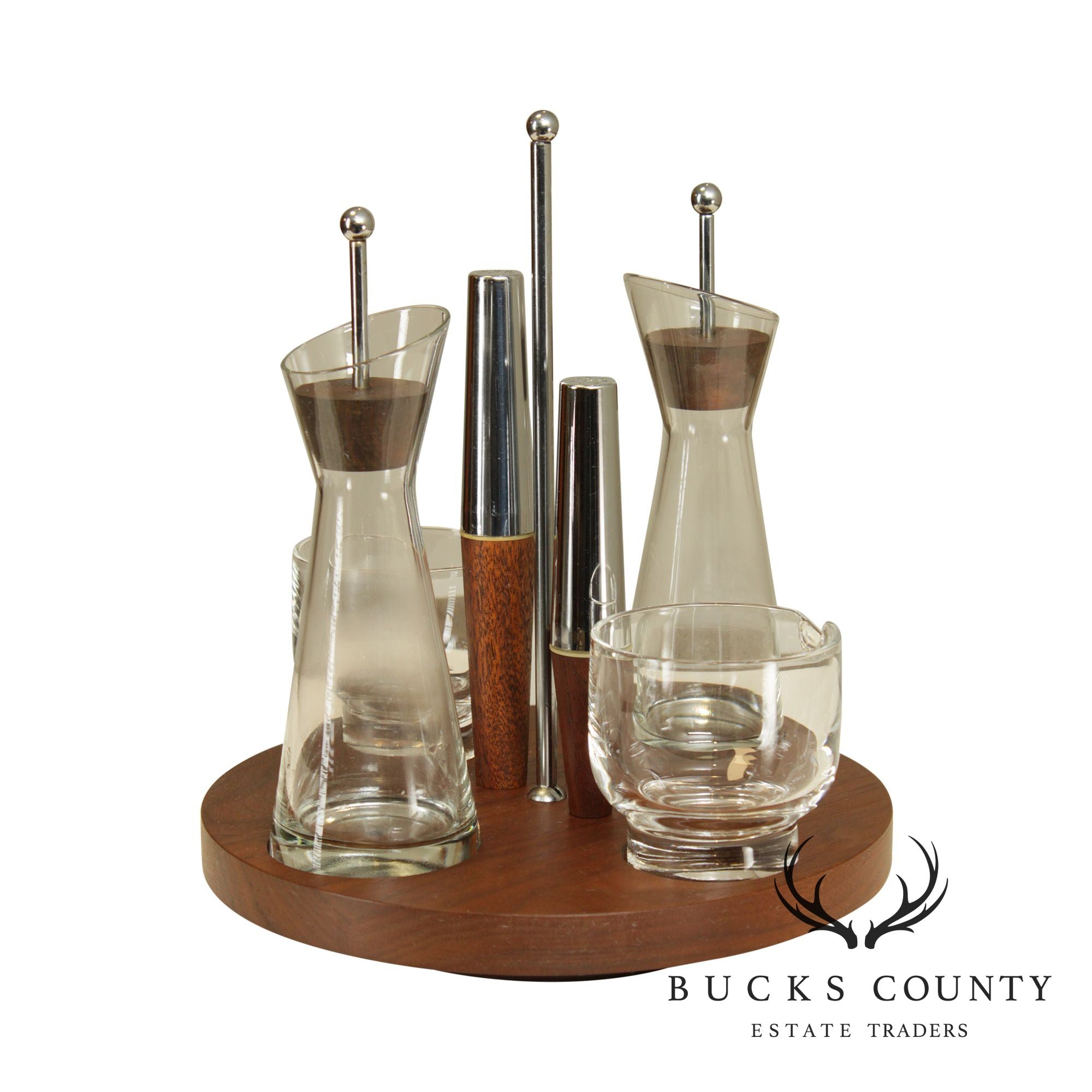 Mid Century Modern Walnut, Steel and Glass Condiment Set on Revolving Base