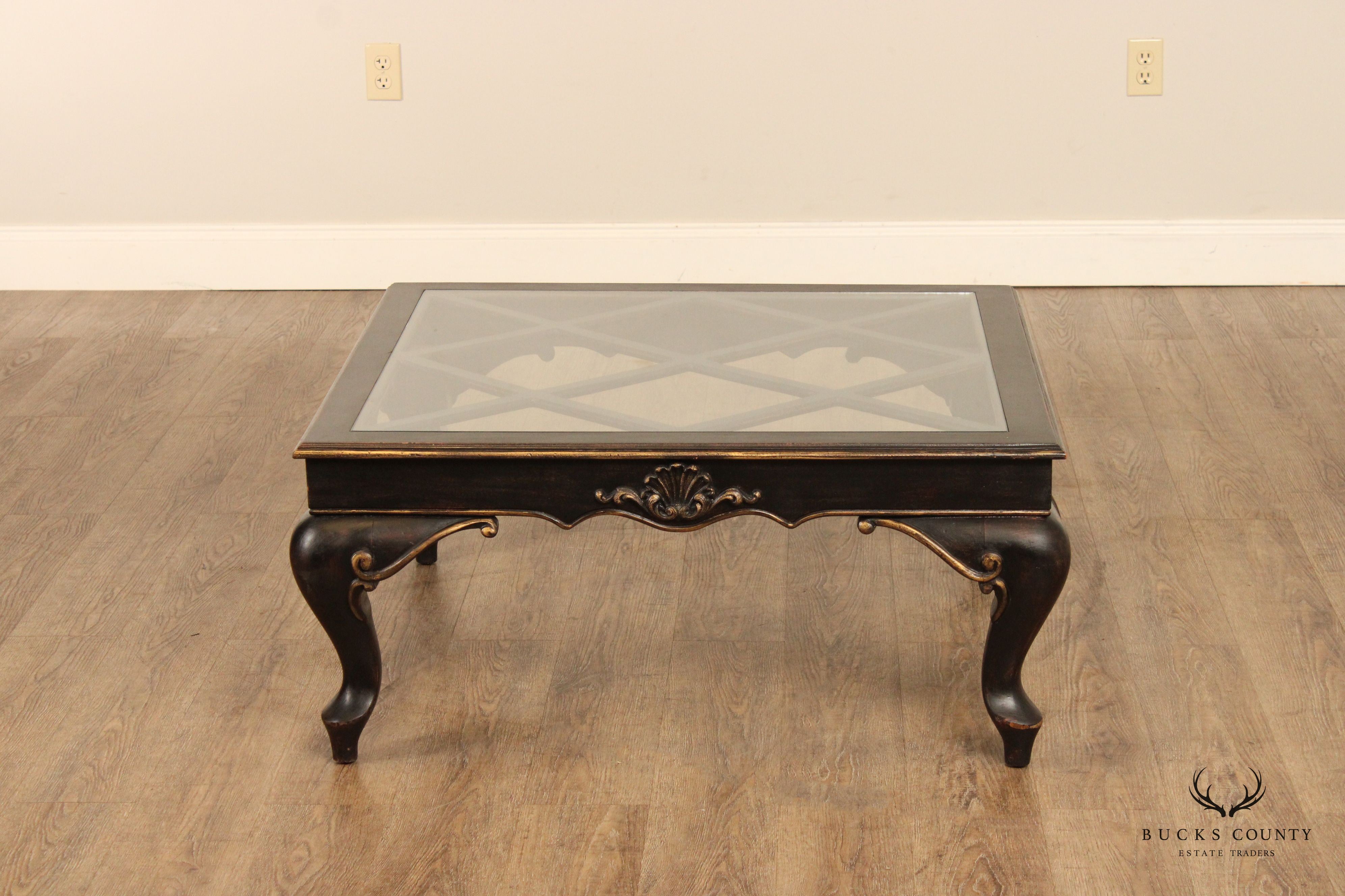 French Louis XV Style Ebonized Wood Glass Top Coffee Table