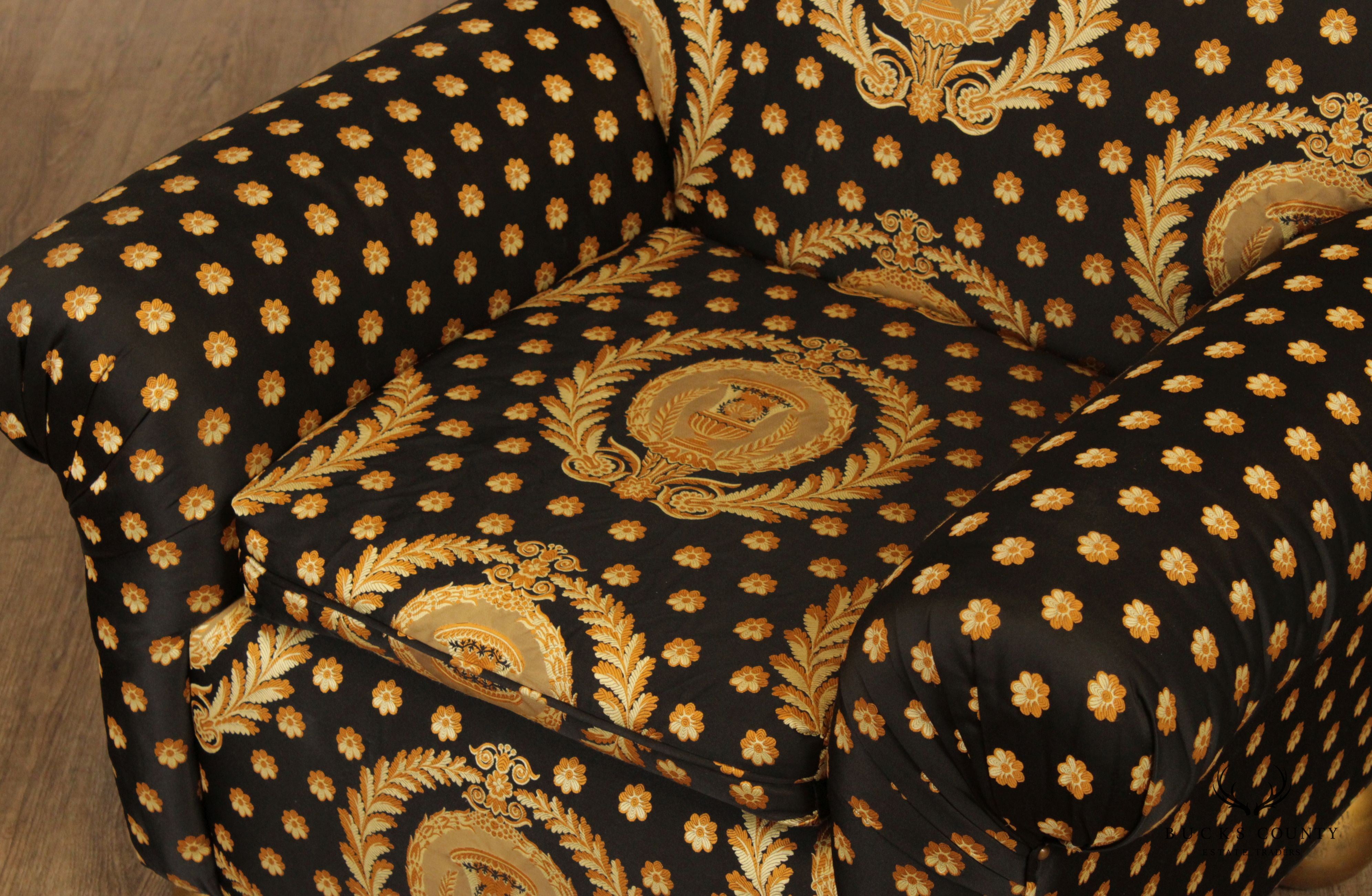 Pair of Custom Black and Gold Upholstered Club Chairs