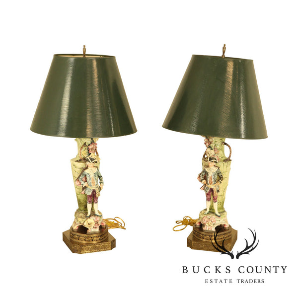 Vintage Pair Figural Bocage Pottery Lamps with Reticulated Brass Base and Green Shades
