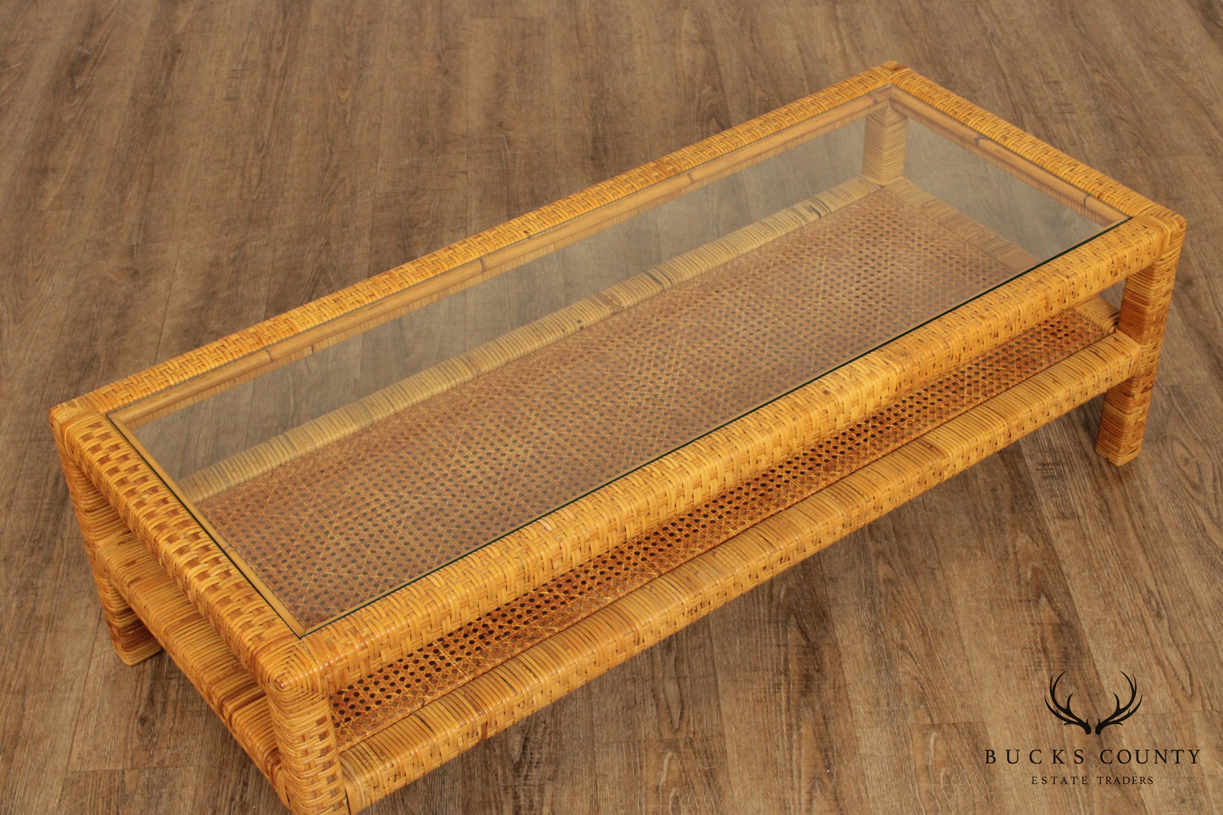 Vintage Wicker Rattan Glass Top Coffee Table