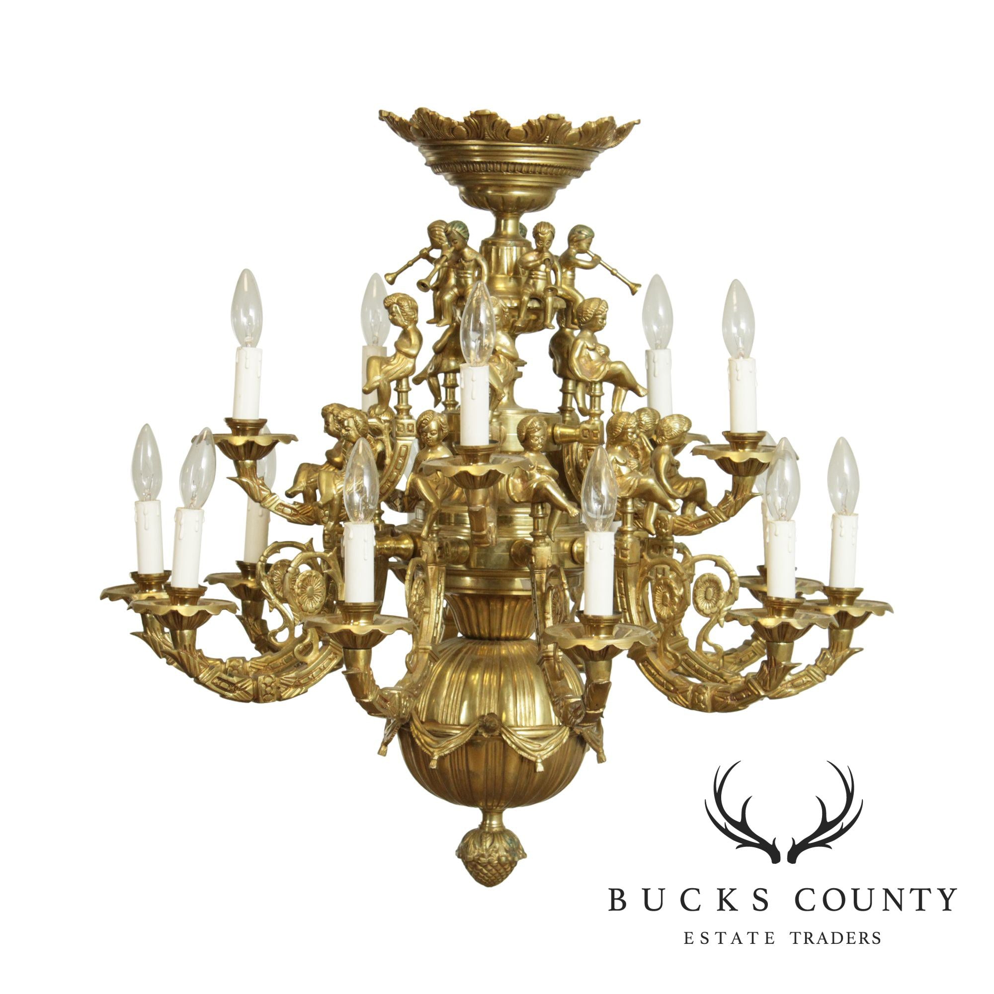 Vintage Rococo Style Heavy Brass  Figural Putti  Chandelier