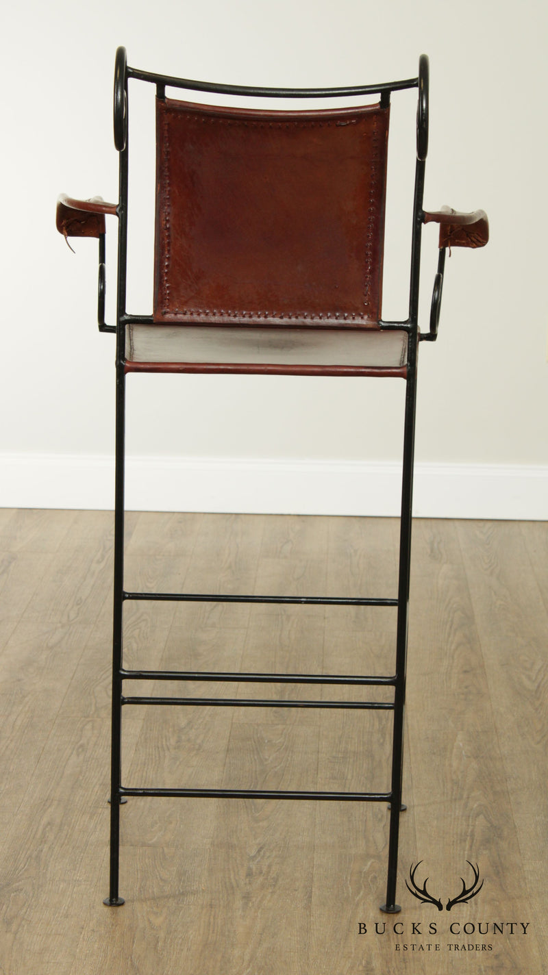 William Sheppee Scollwork Iron and Leather Barstool