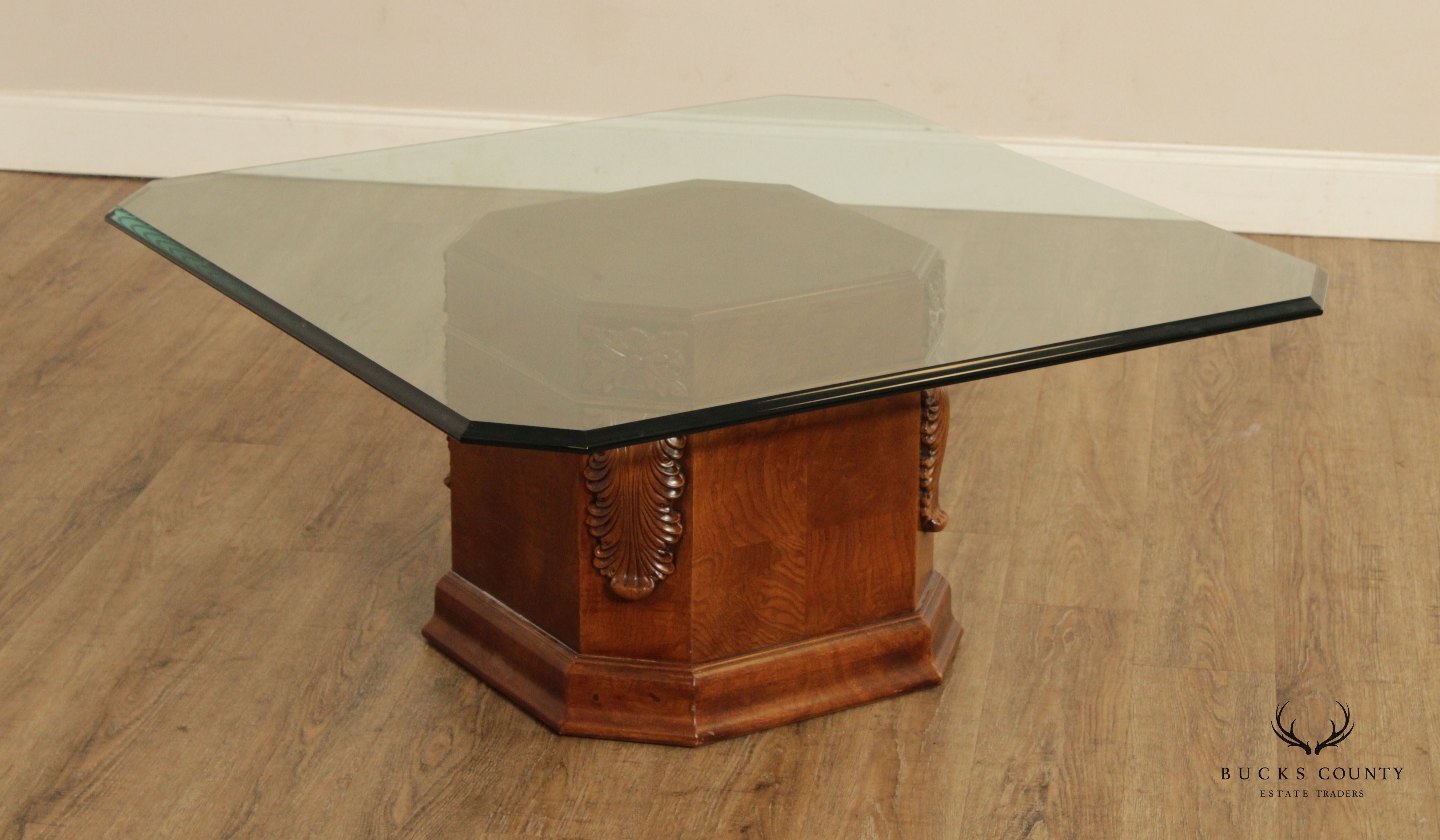 Henredon Neoclassical Style Glass Top Pedestal Coffee Table