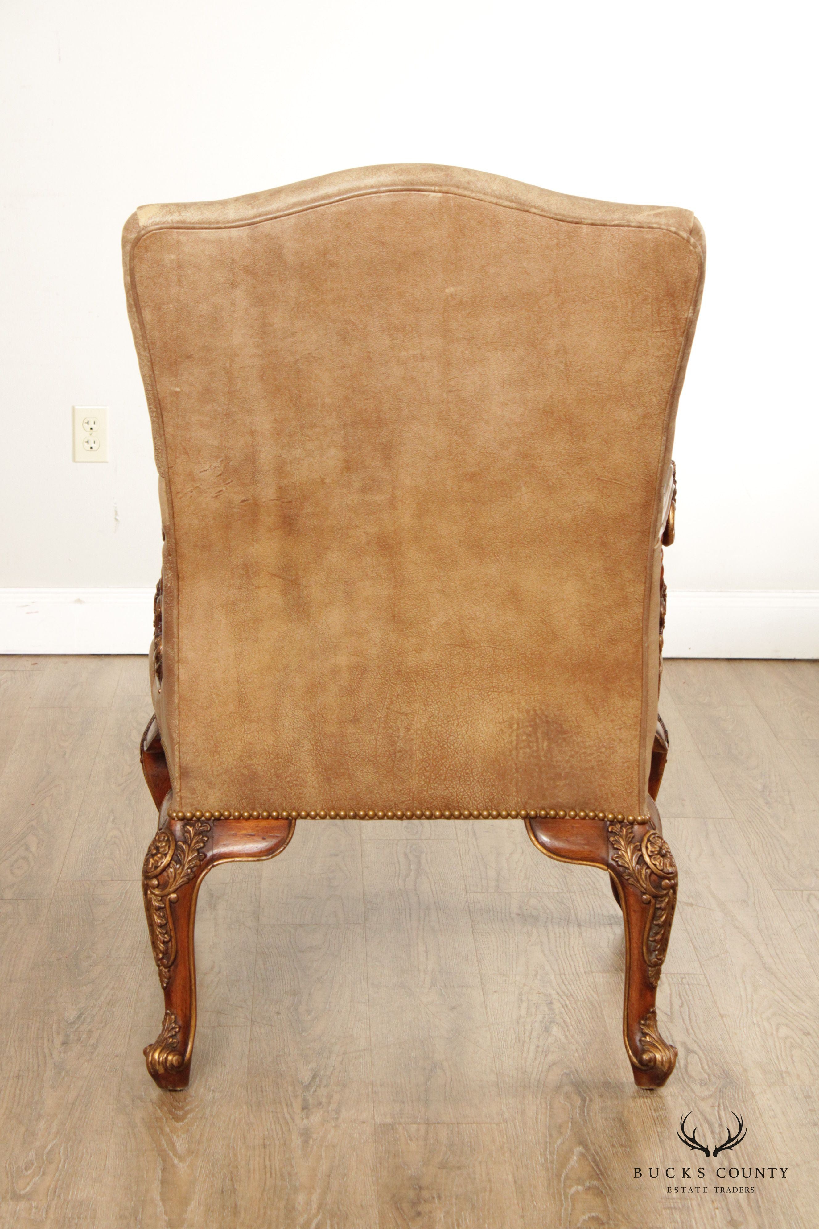 Italian Rococo Style Leather and Partial Gilt Armchair