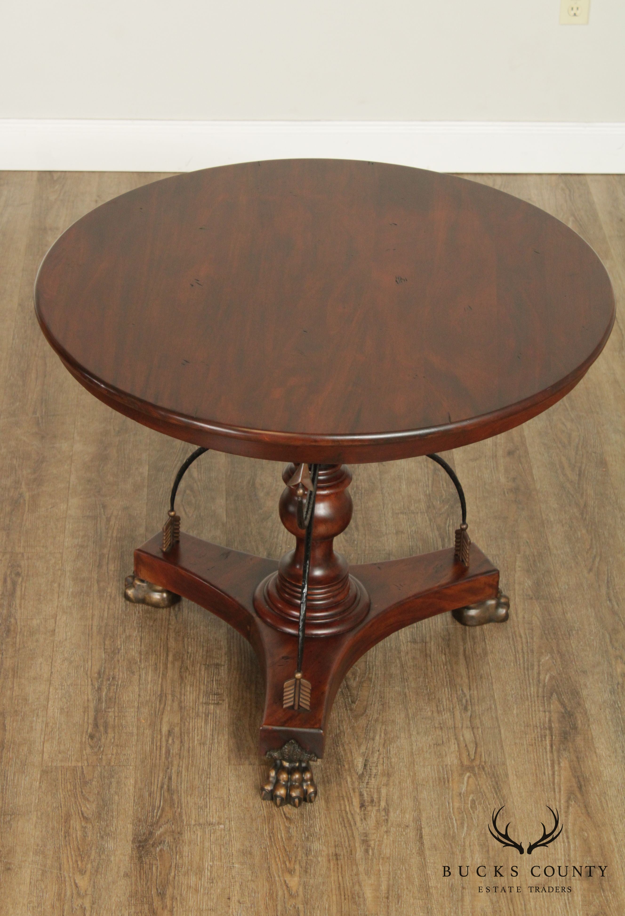 Neoclassical Style Round Solid Mahogany Center Table with Crossed Arrows, Bronze Claw Feet