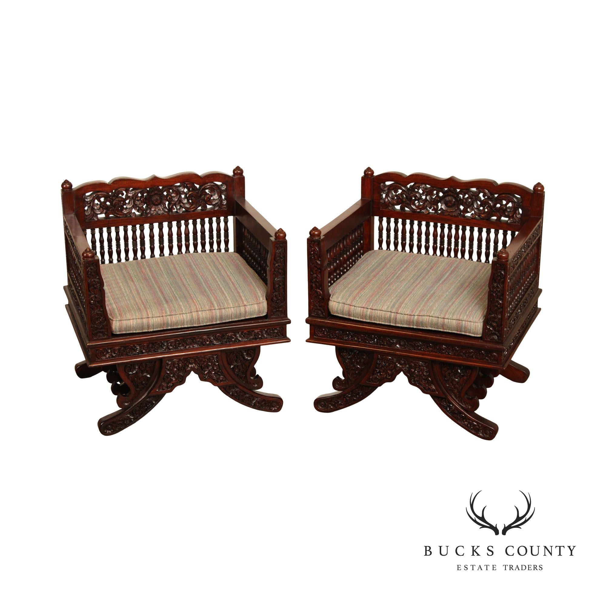 Thai Pair of Carved Teak Elephant Saddle Howdah Chairs