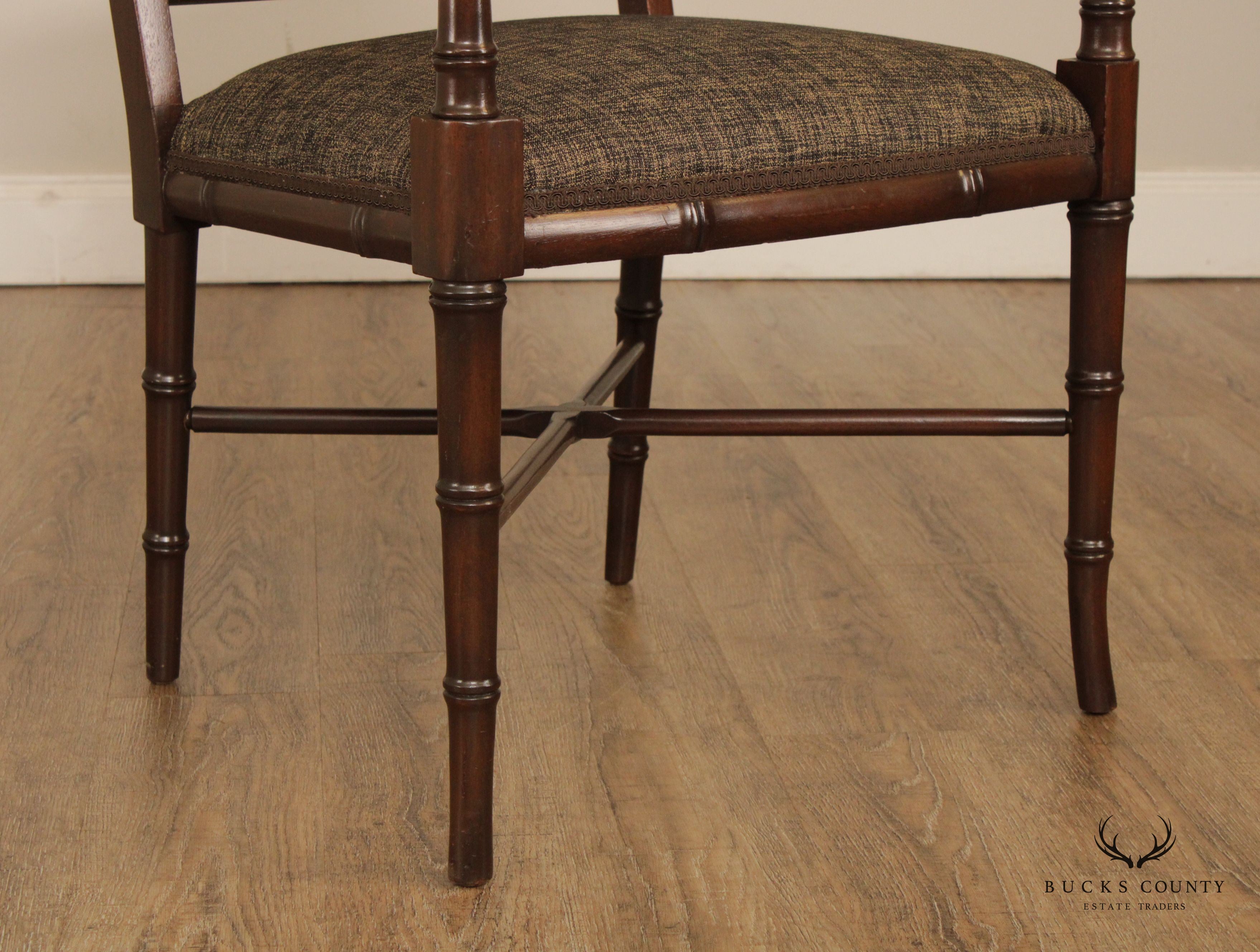 Regency Style Pair Faux Bamboo Mahogany Arm Chairs