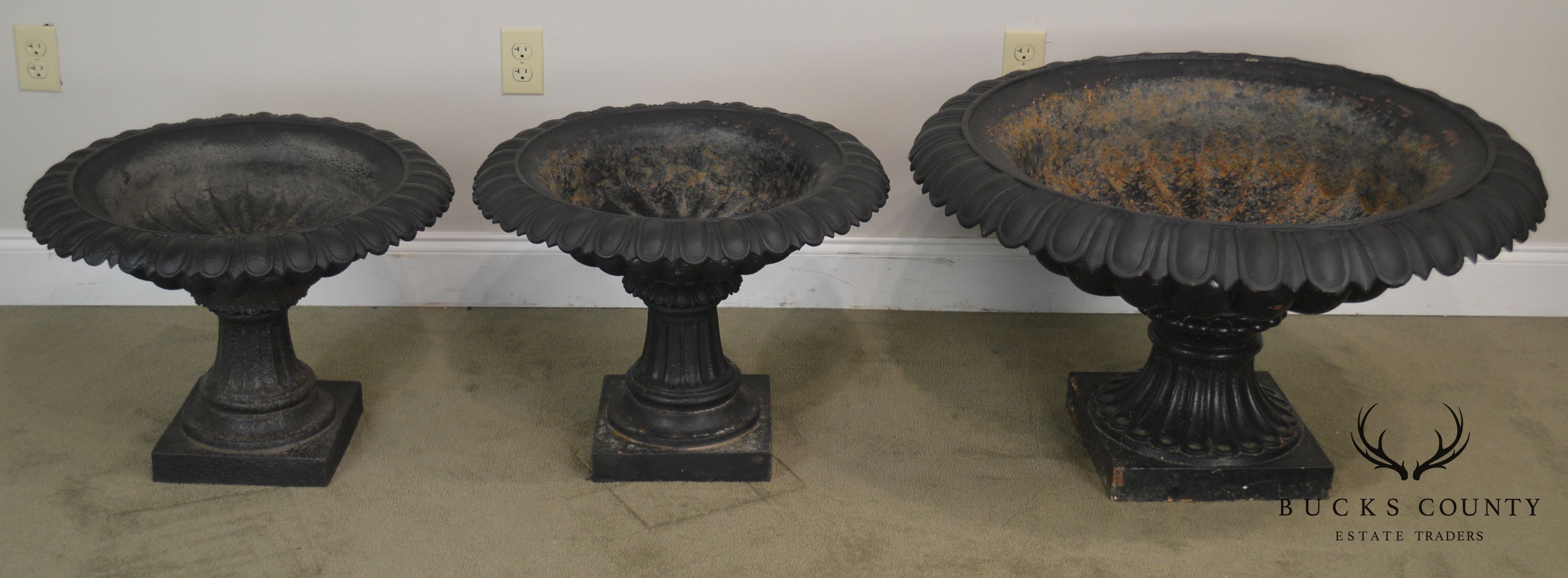 Antique Set 3 Cast Iron Garden Urn Planters Possibly J.W. Fiske