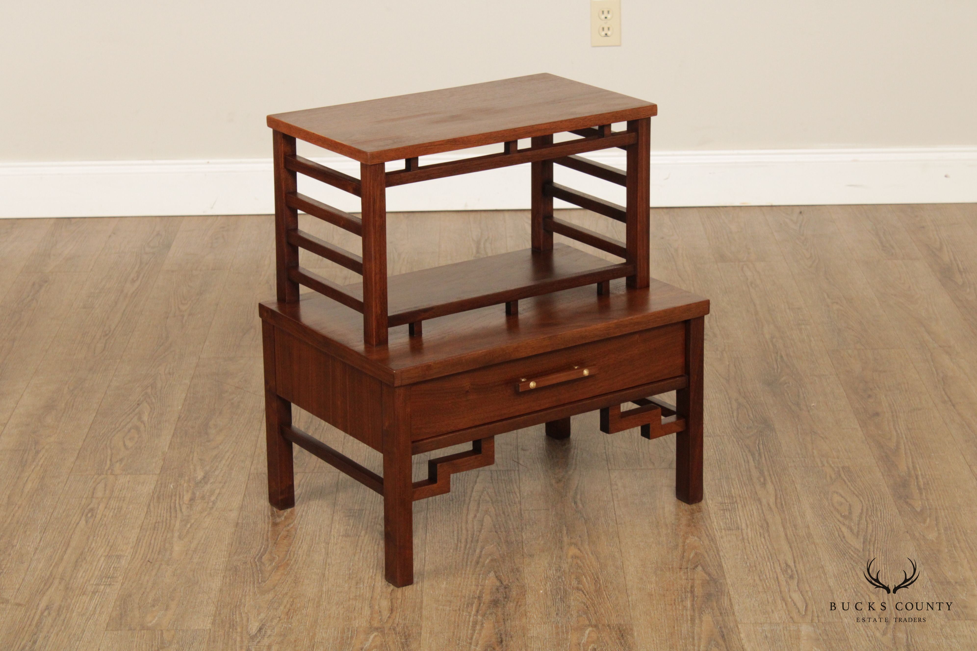 Mid Century Modern Vintage Walnut Asian Inspired Pair of Nightstands