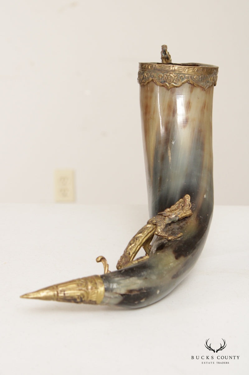 Antique Brass Dragon Mounted Drinking Horn